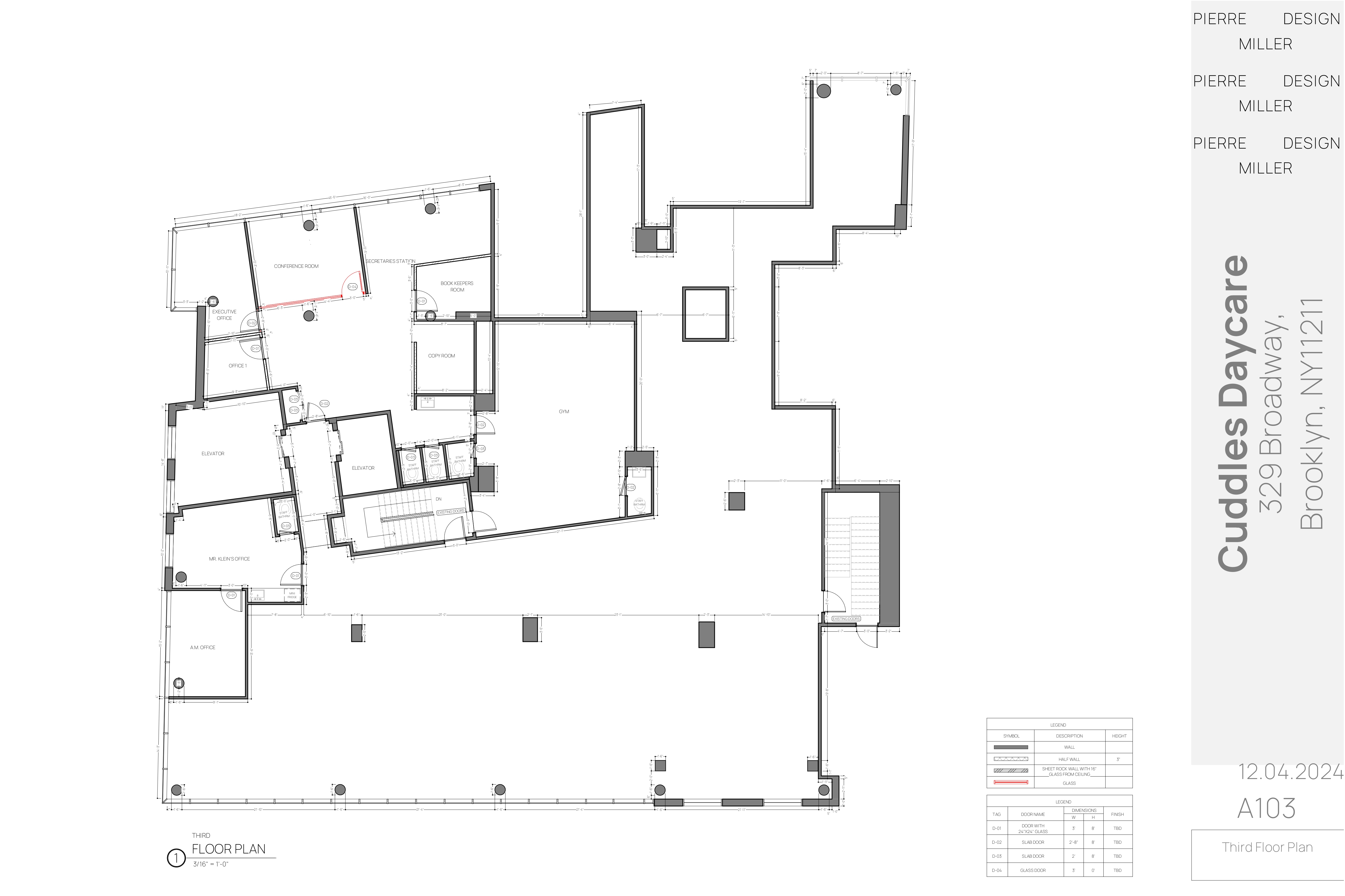Drawing A103 — third floor plan showing the gym, conference room, executive and HR offices, book keeping and copy rooms, stairs and elevators