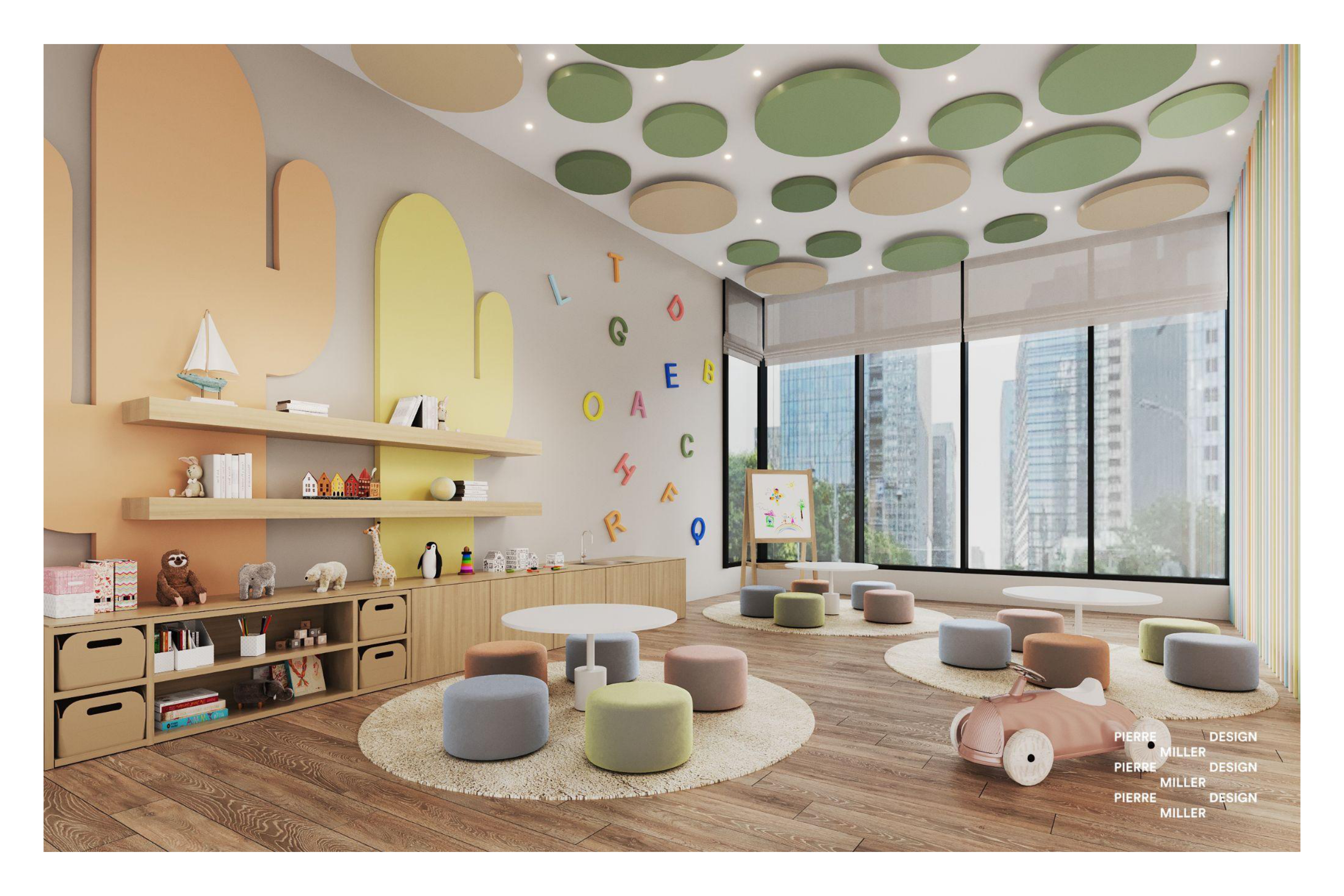 Classroom with a green and cream circular acoustic ceiling, arched pastel wall panels, oak shelving and low storage joinery, coloured alphabet letters, round rugs with soft poufs and a wall of city-facing windows