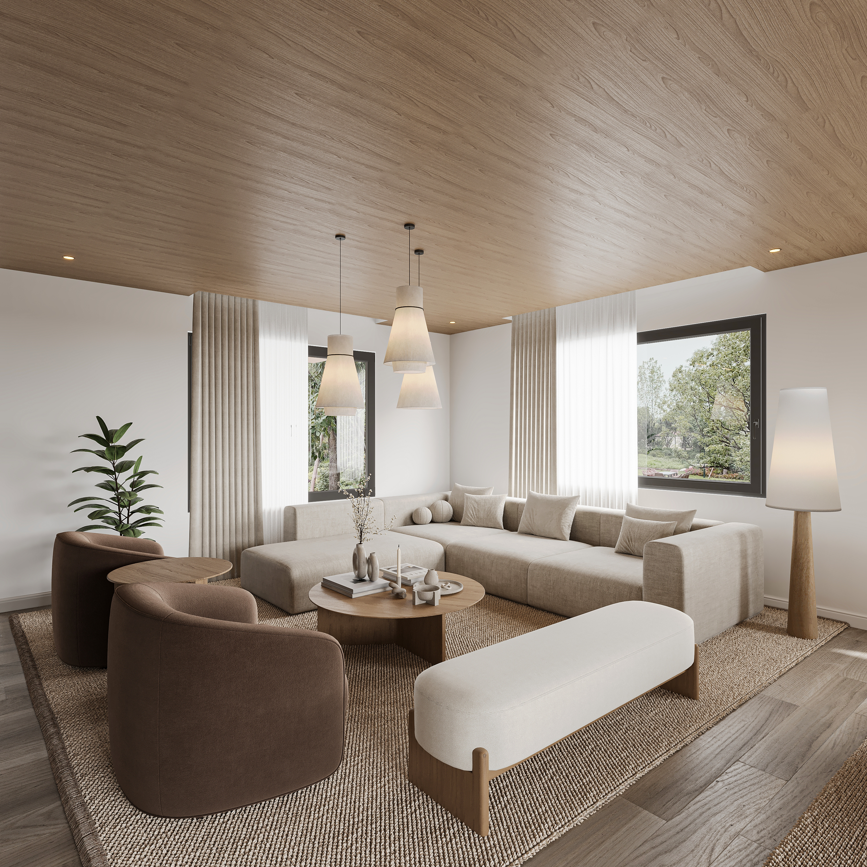 Sitting room beneath a warm timber ceiling with a linen modular sofa, paired chocolate leather swivel chairs, a round oak coffee table, ivory bench and three conical fabric pendants between curtained windows