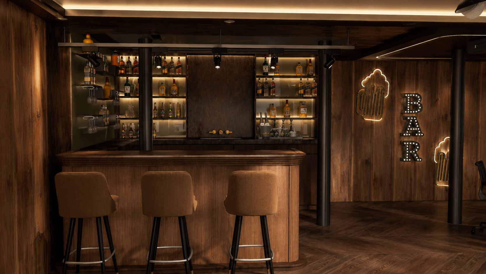 Basement bar with a fluted oak counter, backlit shelving of spirits and glassware, dark marble worktops, black columns and herringbone timber flooring