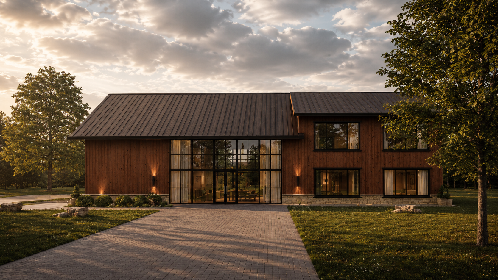 Head-on elevation of the two-storey timber-clad building at golden hour with a black standing-seam gable roof, central glass entry, flanking windows, warm wall sconces and a paved driveway leading to the entrance