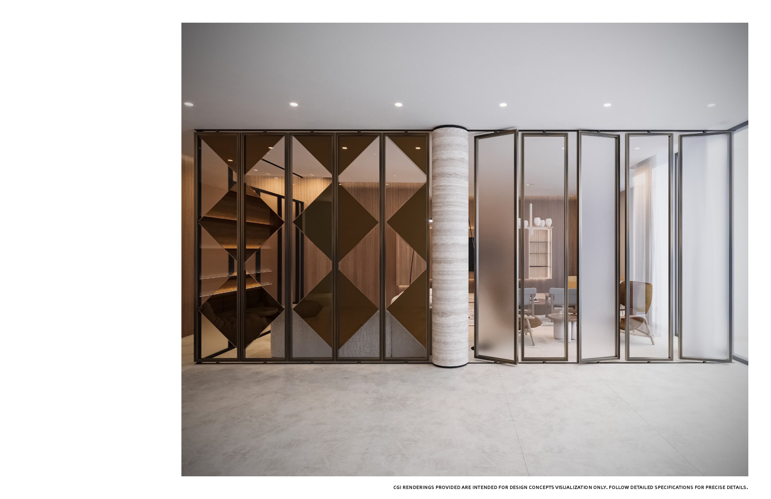 Detail of the folding partition — bronze mirrored diamond-patterned panels in slim black frames beside a travertine column and frosted glass leaves revealing the lounge beyond