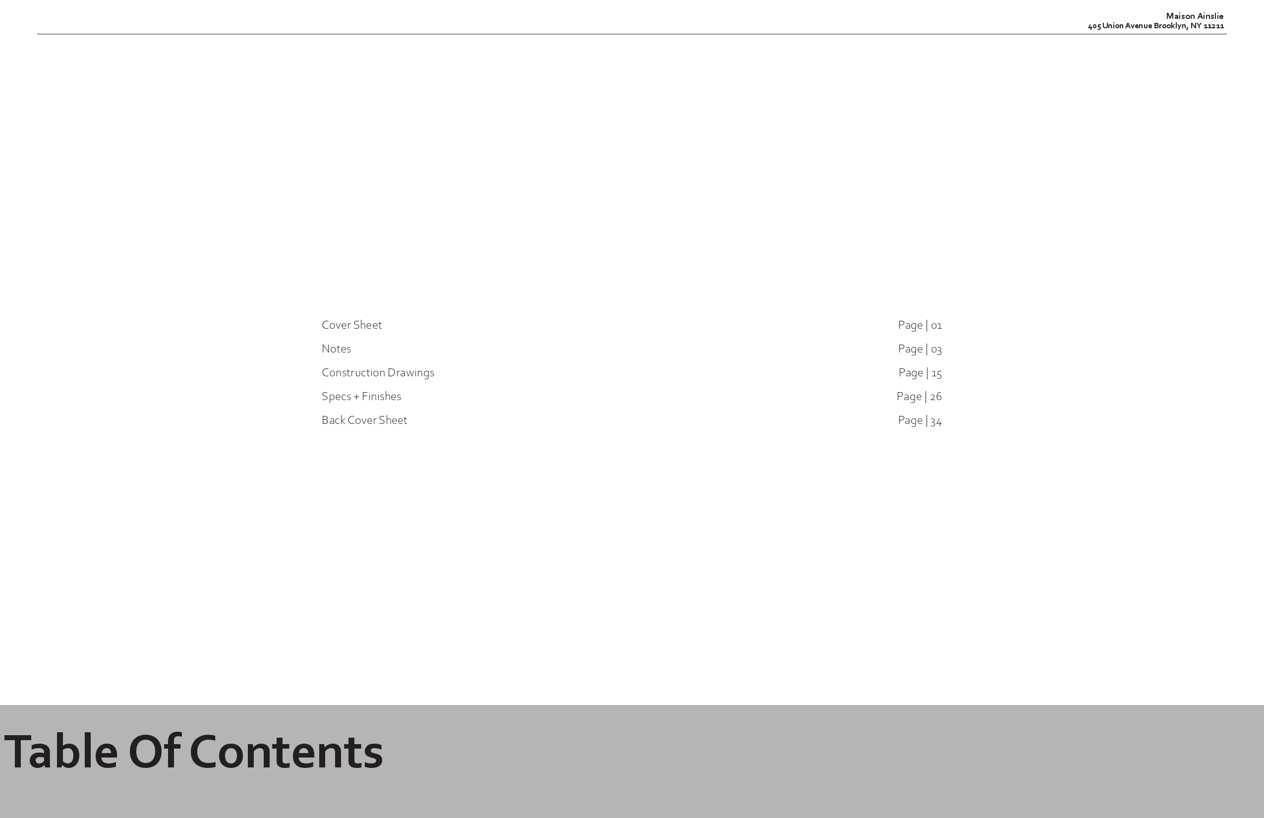 Table of contents page listing cover sheet, notes, construction drawings, specs and finishes with their page numbers above a grey Table Of Contents band