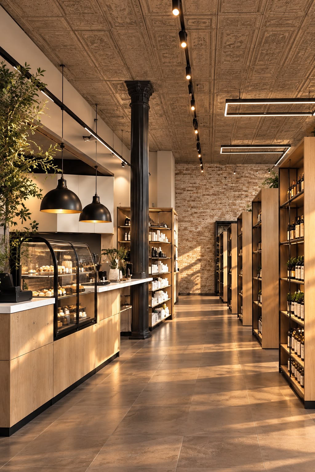 Pharmacy-cafe interior with a light-wood service counter and curved glass display case of baked goods under two black dome pendants, a tall black cast-iron column, modular light-wood shelving of white apothecary bottles and wine, an exposed brick back wall in warm afternoon sun, a pressed-tin ceiling with track and rectangular black-frame light fixtures over a light grey tile floor