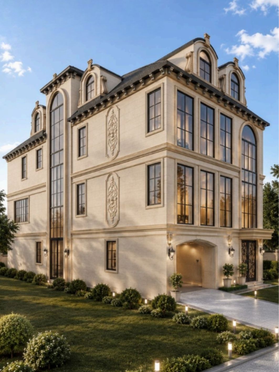 Corner elevation of a limestone residence in late afternoon light, with tall black-framed arched windows, carved cartouche panels, a slate mansard roof with dormers, an arched stone entry loggia and clipped box planting along a lit stone drive