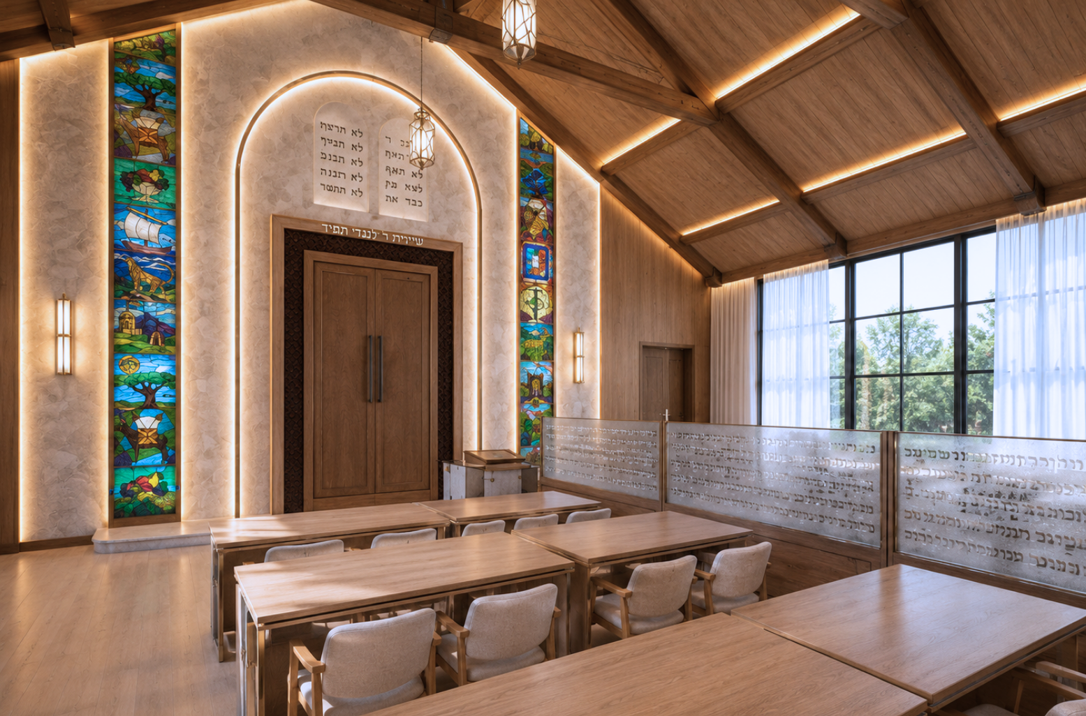 Sanctuary with a vaulted wood-beam ceiling, a central arched stone alcove with backlit tablets and oak doors flanked by tall pictorial stained-glass columns, oak study tables with cream-upholstered chairs, an etched Hebrew glass partition and a pendant lantern