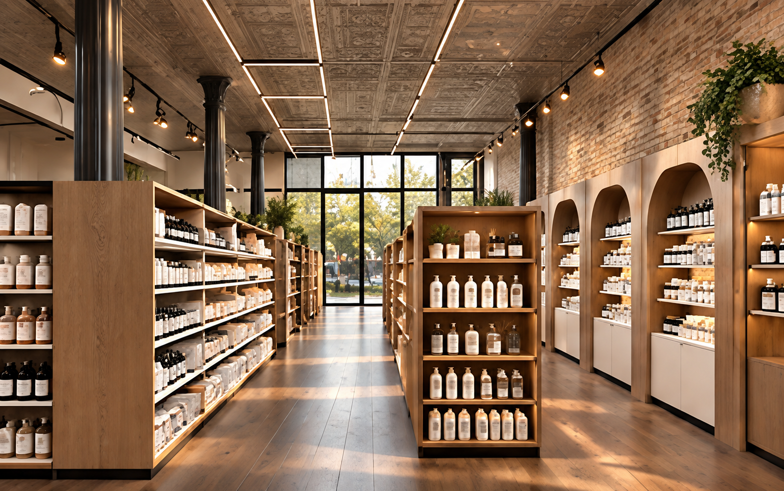 Central aisle of the pharmacy with a foreground wooden shelving unit of white bottles, a deep continuous shelving system to the left, arched built-in wooden cabinets set into a brick wall to the right, dark support columns, track lighting and a glass storefront onto greenery beyond