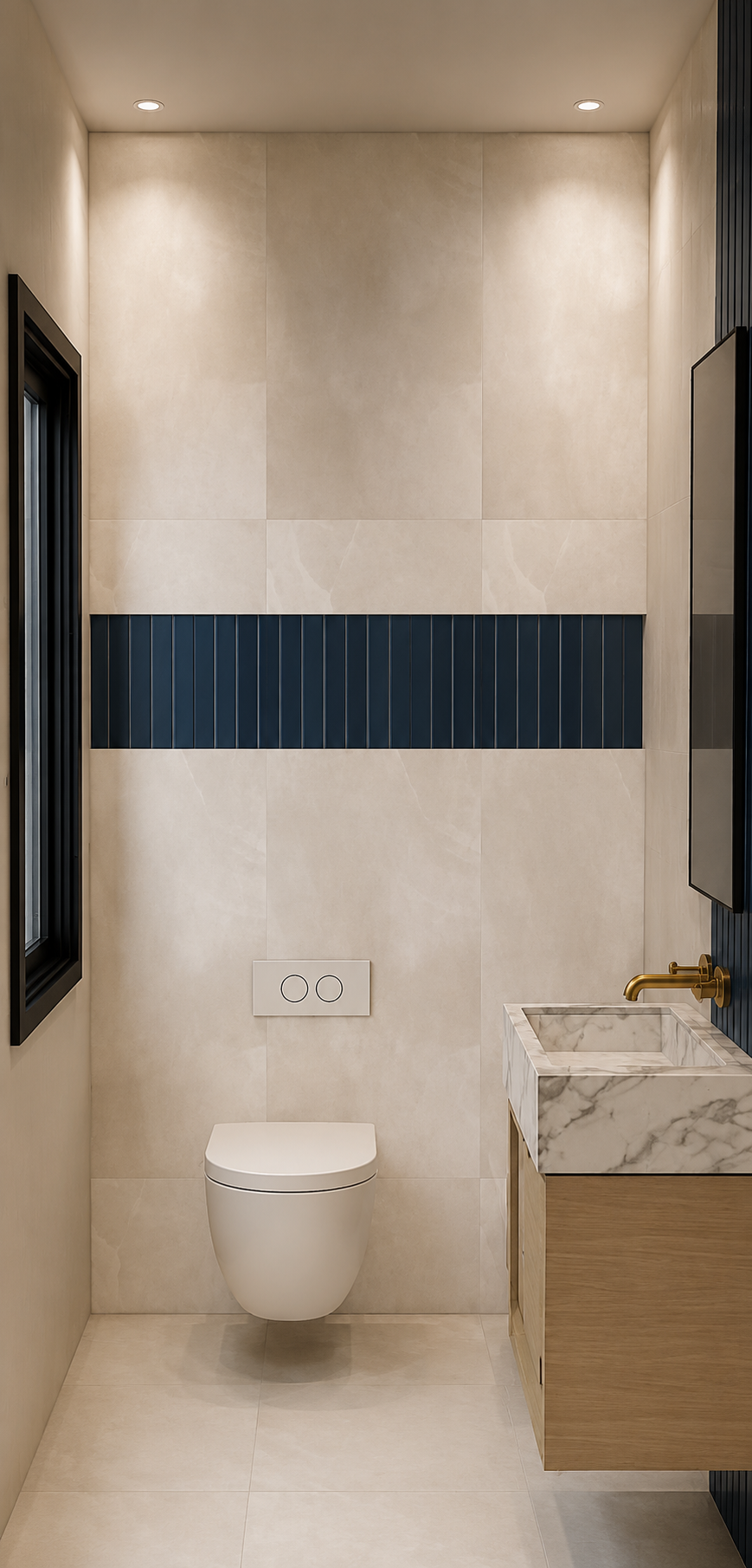 Narrow powder room in warm limestone with a teal fluted tile band, wall-hung WC, marble basin on an oak vanity, brass tap and a black-framed mirror beside a black-framed window