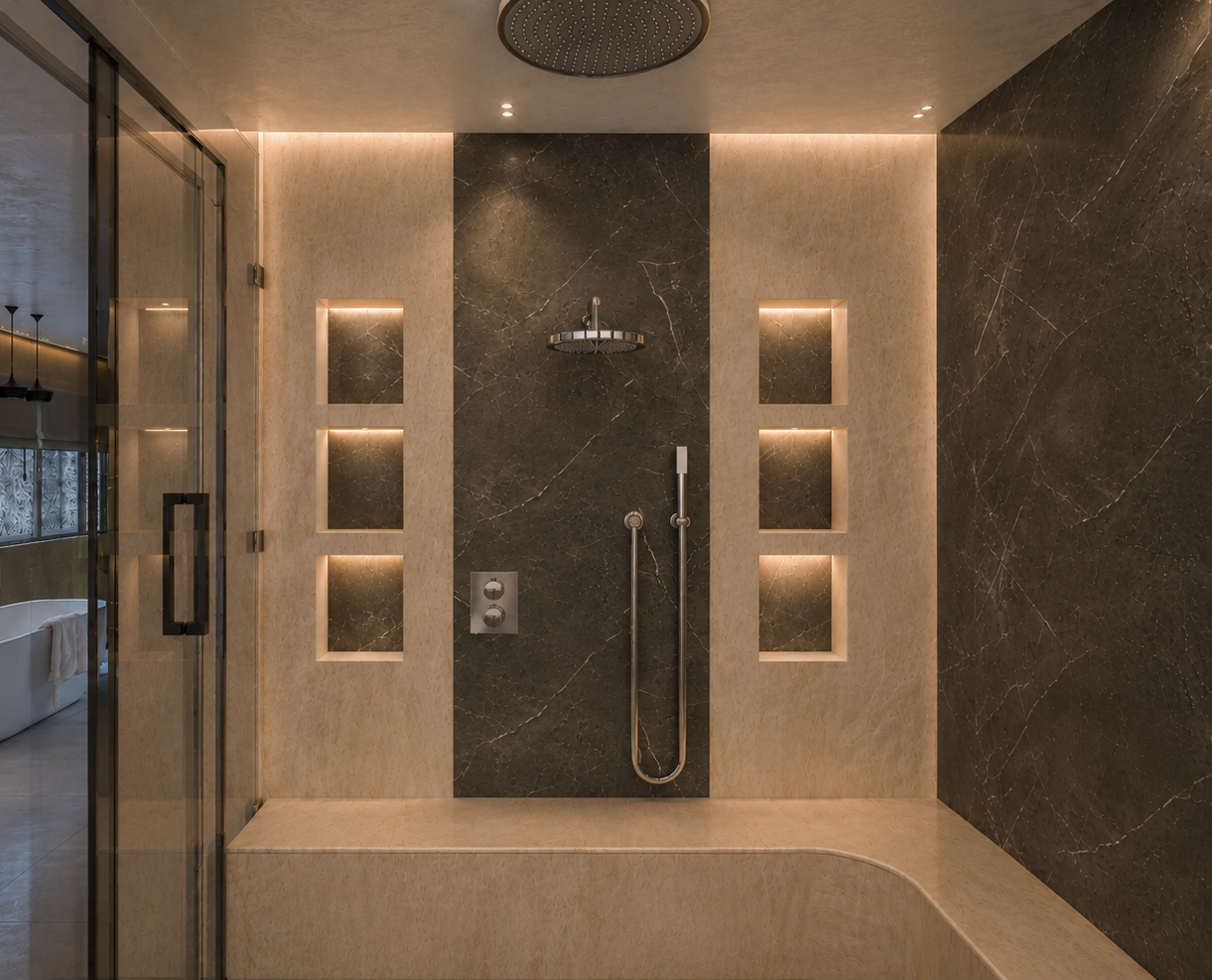 Walk-in shower in pale limestone with a dark marble centre panel, ceiling-mounted rainhead, chrome handset and six backlit recessed niches flanking a built-in stone bench