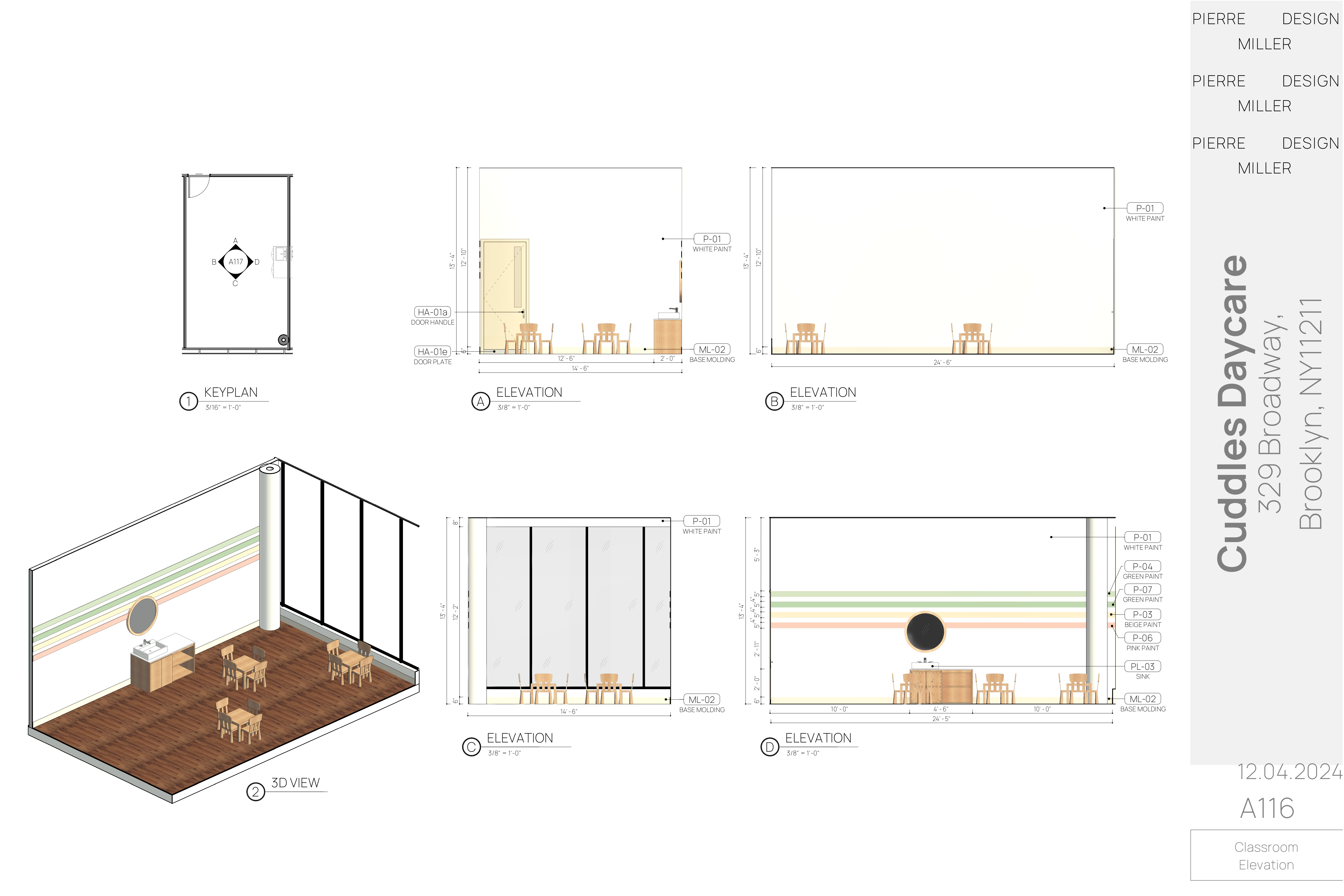 Drawing A116 — classroom elevations with a keyplan, 3D view and four dimensioned elevations noting white paint, green, beige and pink painted banding, base moulding, sink and child-height furniture