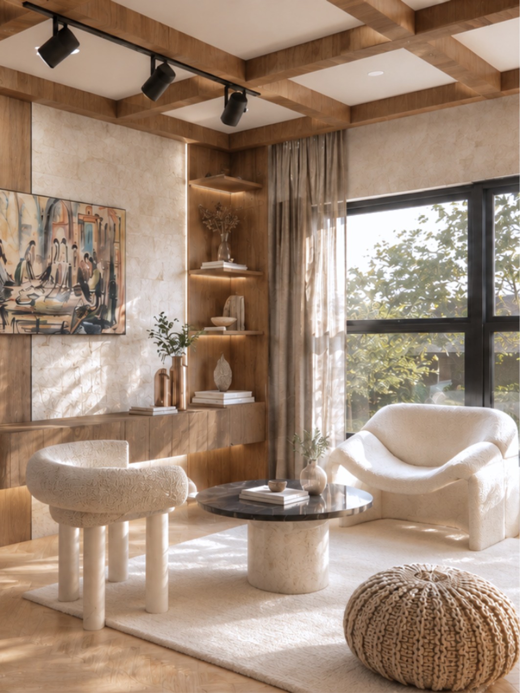 Living room under a coffered wood-beam ceiling with track lighting, a large warm abstract painting above a floating timber credenza on a stone feature wall, LED-lit corner shelving, a round dark marble coffee table on a cream rug, two cream bouclé lounge chairs and a knit pouf beside sheer-curtained windows onto trees over herringbone oak flooring