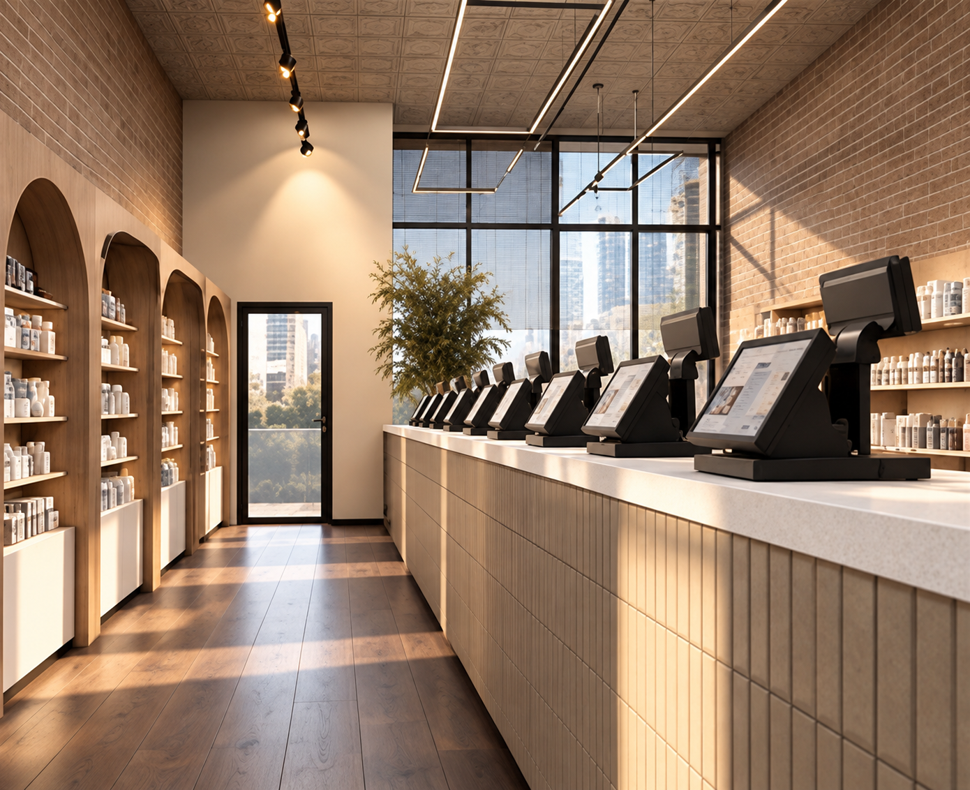 Wide aisle looking toward a glass door at the far end, with built-in arched wooden shelving of white apothecary bottles to the left, a long vertical-tile service counter with POS terminals to the right, a pressed-tin ceiling with track and linear lighting and warm golden-hour light across the wood floor
