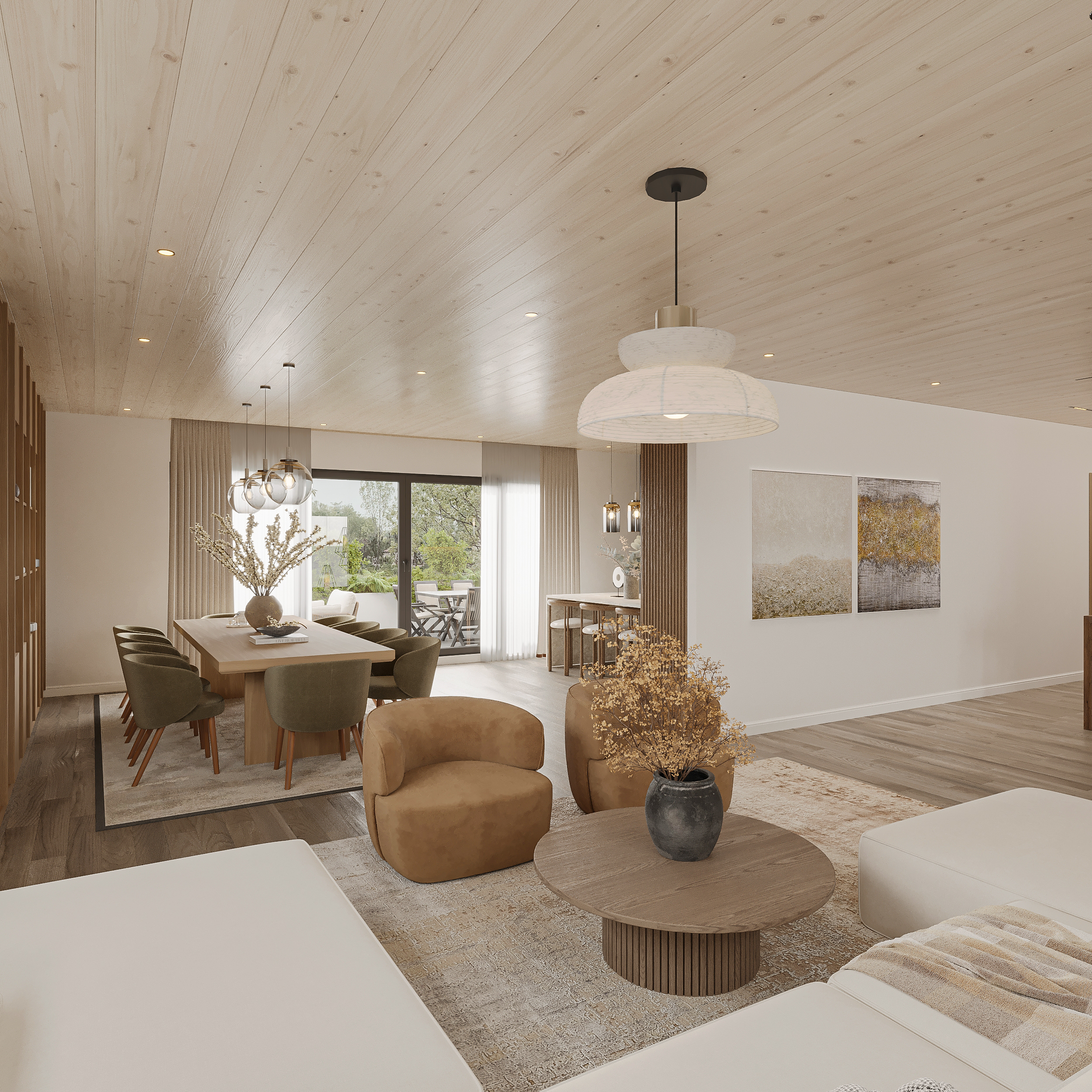 Open living and dining space under a whitewashed timber ceiling, with olive velvet chairs at an oak table, tan swivel chairs, paired abstract canvases, a bar nook and sliding doors onto the terrace