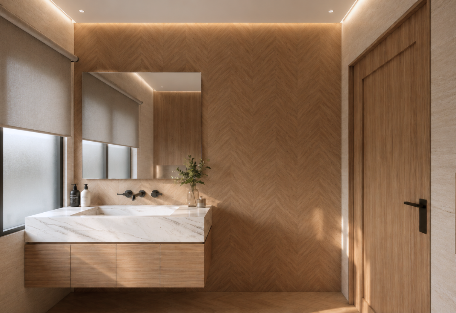 Bathroom vanity with a white marble countertop and integrated basin, a slat-front wood cabinet below, a herringbone wood feature wall with a square mirror, a black wall-mounted faucet, cove lighting and a roller-shaded window beside a stone-tiled wall