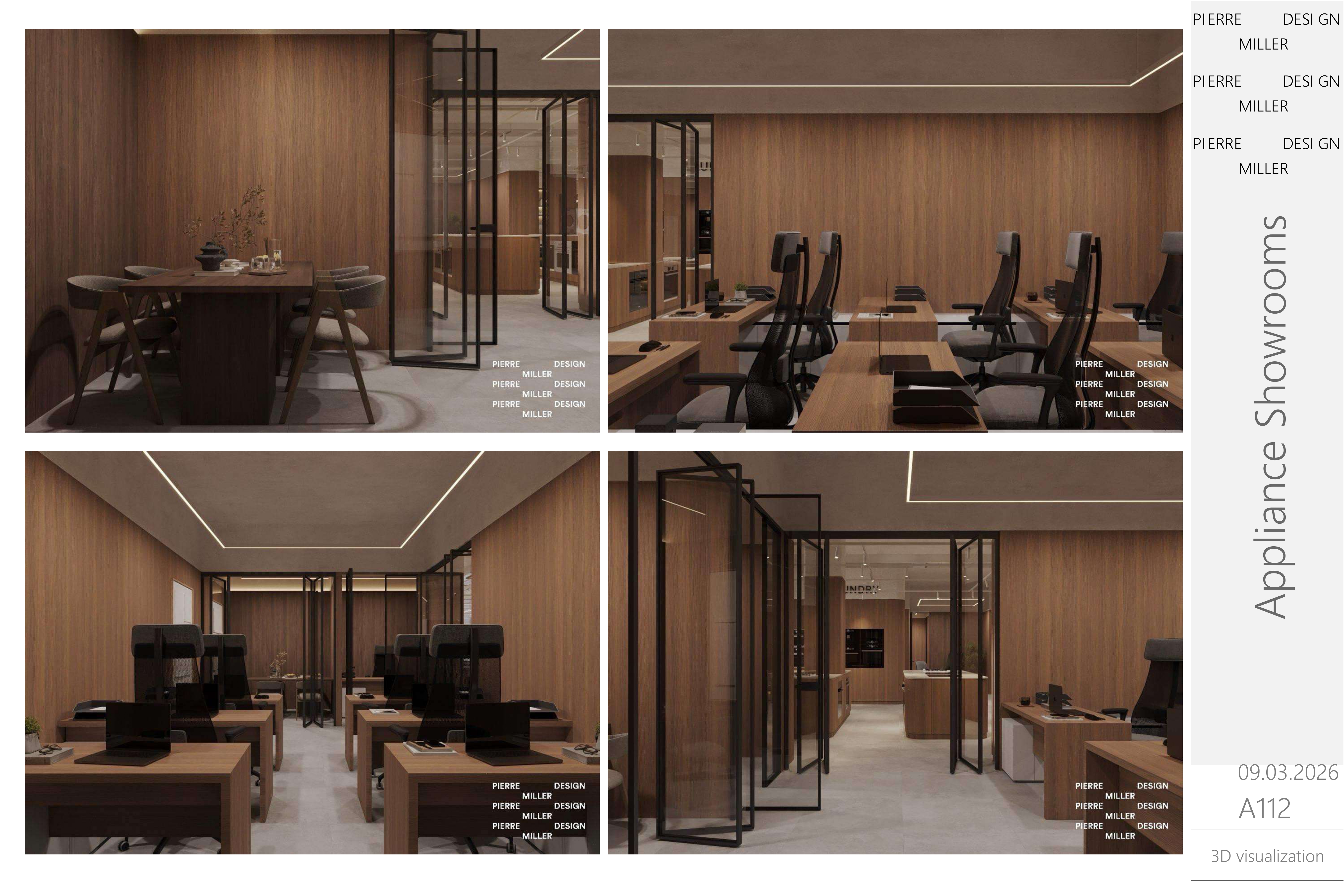 Four views of the back-of-house offices and meeting room in oak panelling, with a round timber table and dining chairs, rows of desks with black task chairs, recessed linear lighting and black-framed glazed partitions