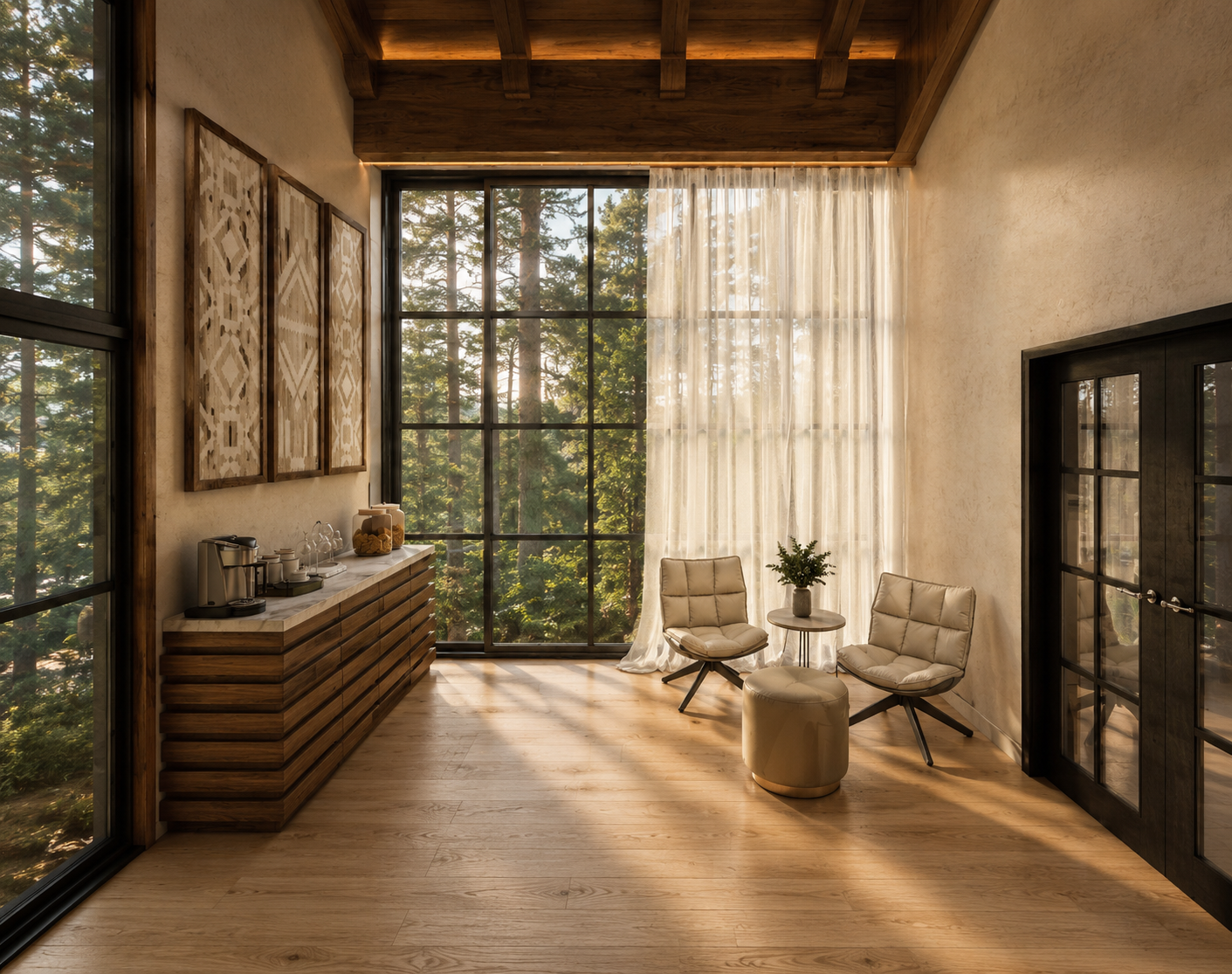 Sunlit lounge with a black-framed forest window wall, three vertical geometric prints above a slatted marble-topped console with a coffee machine and glassware, two cream tufted swivel chairs and a cream pouf around a round side table, exposed timber beams and warm plank flooring