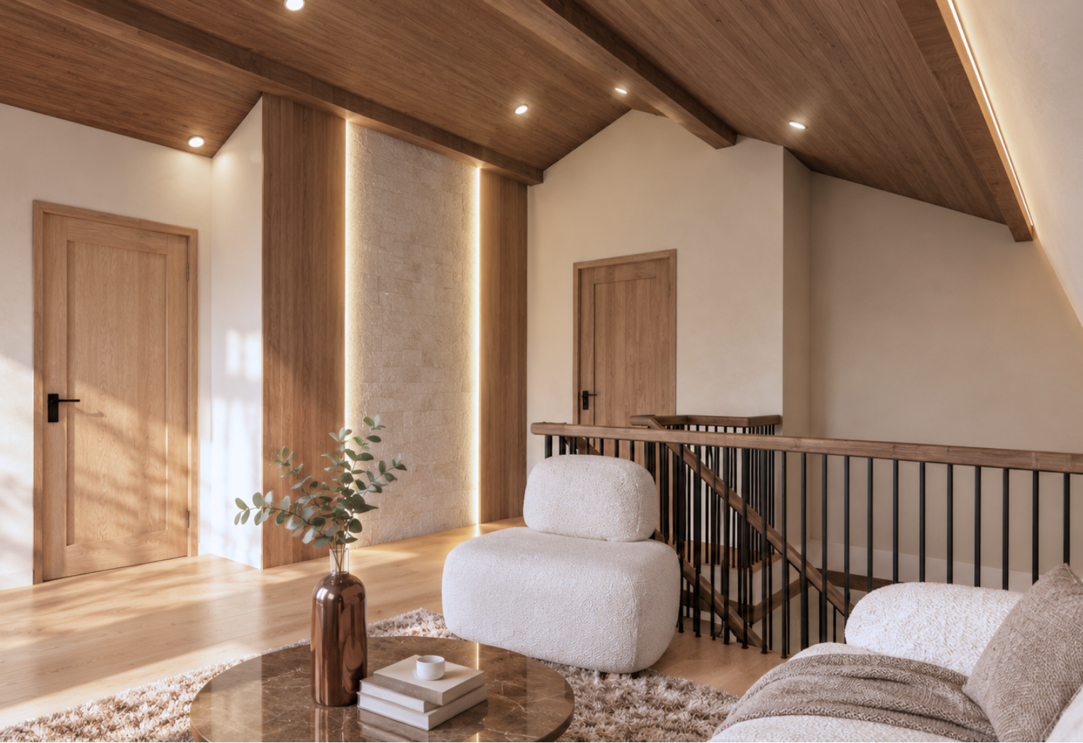 Upper landing with a vaulted wood-paneled ceiling, a black-balustered staircase railing, a backlit vertical stone feature panel, light wood doors, a round marble-topped coffee table with a copper vase and a curved bouclé armchair on a shaggy rug