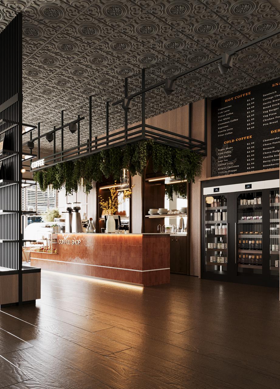 Coffee shop in warm evening light with the black menu board above the terracotta counter, glass-fronted retail refrigerators, blackened steel screen and trailing greenery under a pressed-tin ceiling