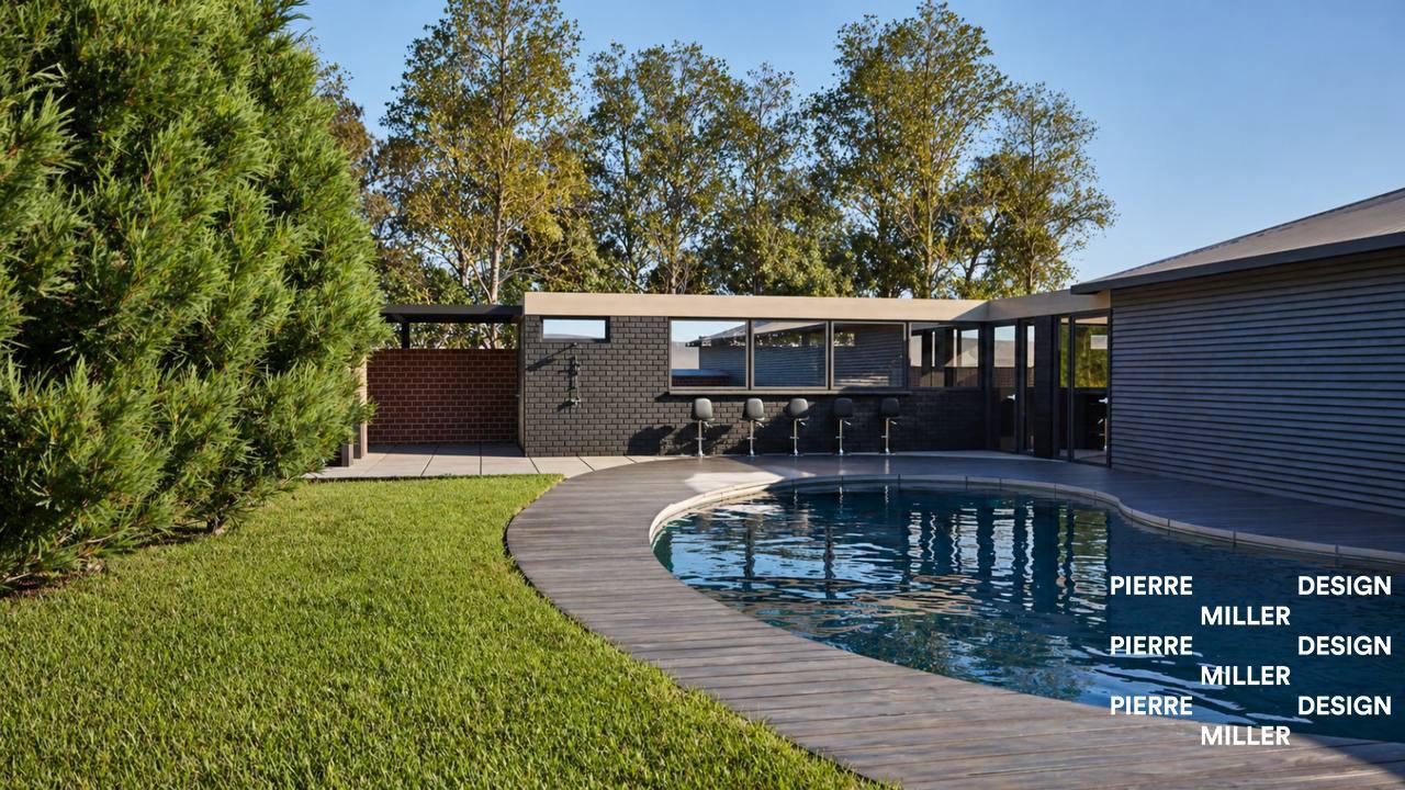 Poolside patio in daylight with a curved dark wood deck around a swimming pool, an outdoor kitchen with stainless steel grill and sink under a canopy, a charcoal brick wall with a long window and five black bar stools, a red brick accent wall and a manicured lawn framed by an evergreen hedge