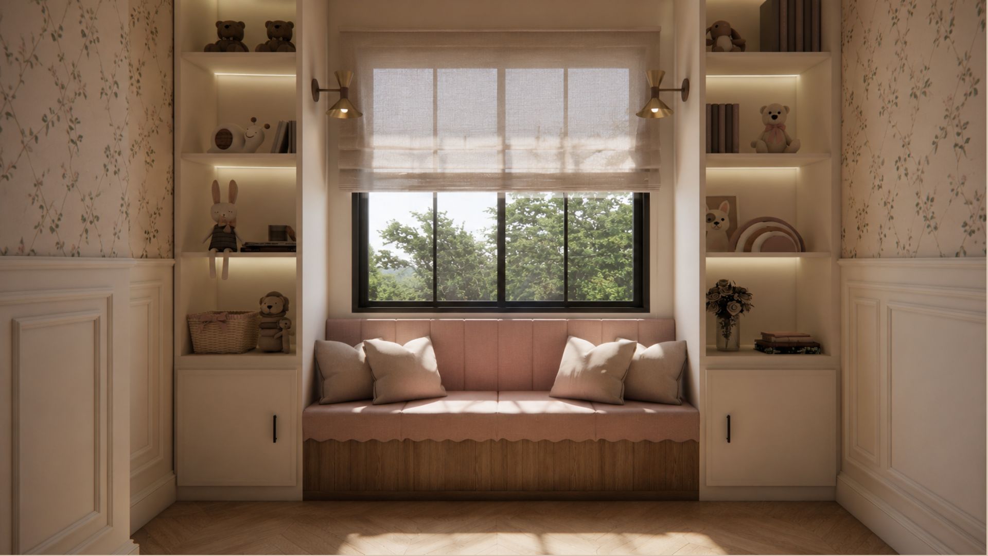 Window nook with a blush upholstered bench on scalloped oak joinery, cushions, LED-lit white display shelving with soft toys, brass sconces and a linen blind at a black-framed window