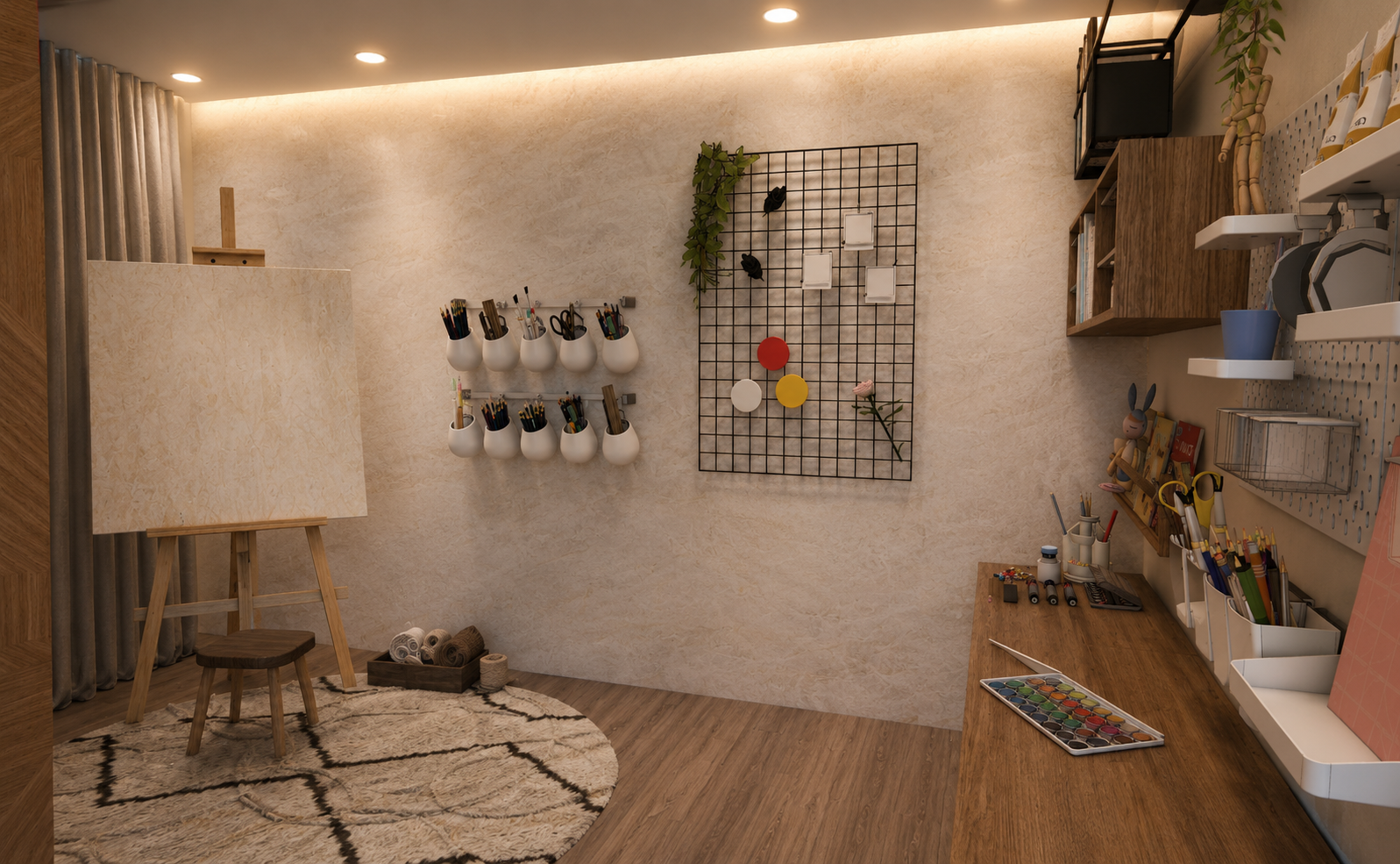 Attic art room with a timber easel and stool on a Berber rug, wall-mounted pots of brushes and pencils, a black grid memo board with prints, and a walnut work counter with paints and pegboard storage