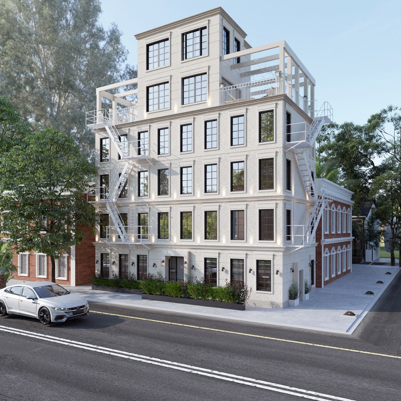 Design render of the building's street elevation in pale cast stone, with black-framed gridded windows, white fire escapes, a set-back penthouse with pergola, uplit façade and a planted forecourt