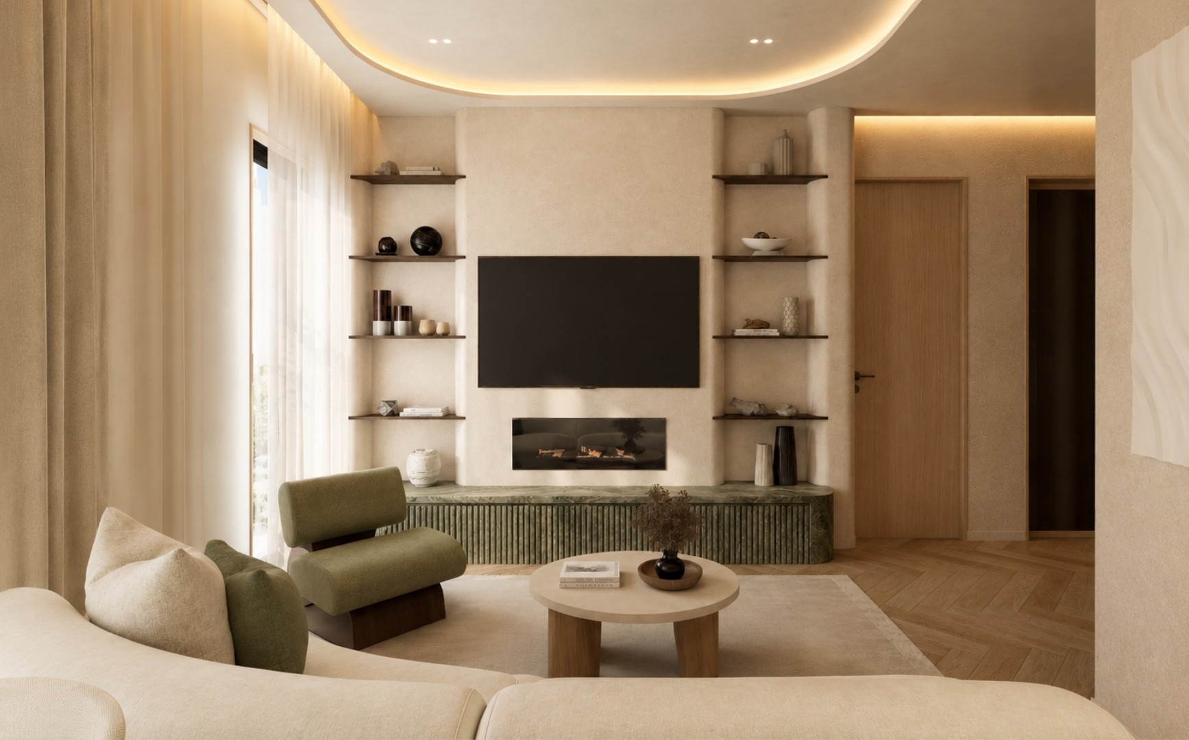 Living room with a plaster media wall, linear gas fireplace over a fluted green marble plinth, dark floating shelves with ceramics, ivory curved sofa, olive lounge chair and round oak coffee table