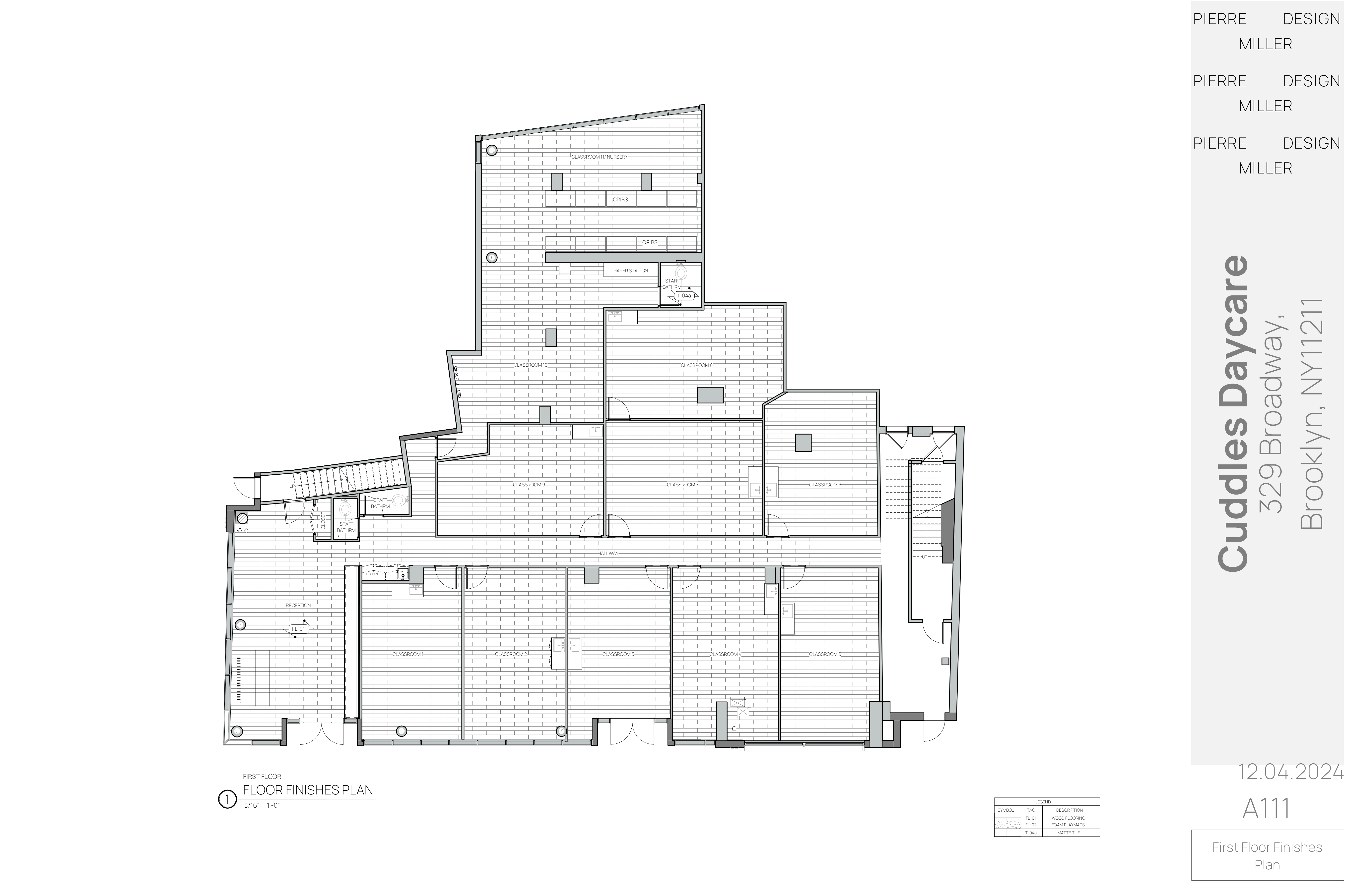 Drawing A111 — first floor finishes plan showing wood flooring, rubber flooring and matte tile zones across reception, classrooms and the nursery with a materials legend