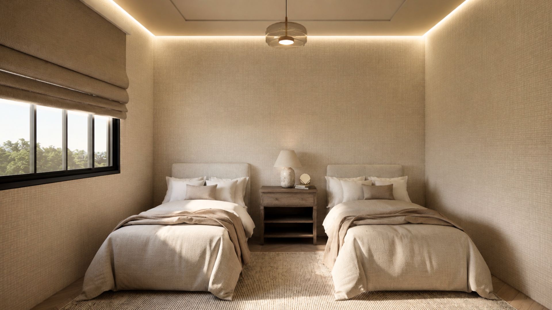Twin bedroom in warm textured linen wallcovering with upholstered headboards, layered ivory bedding, a weathered oak nightstand with a stone lamp and a glass pendant