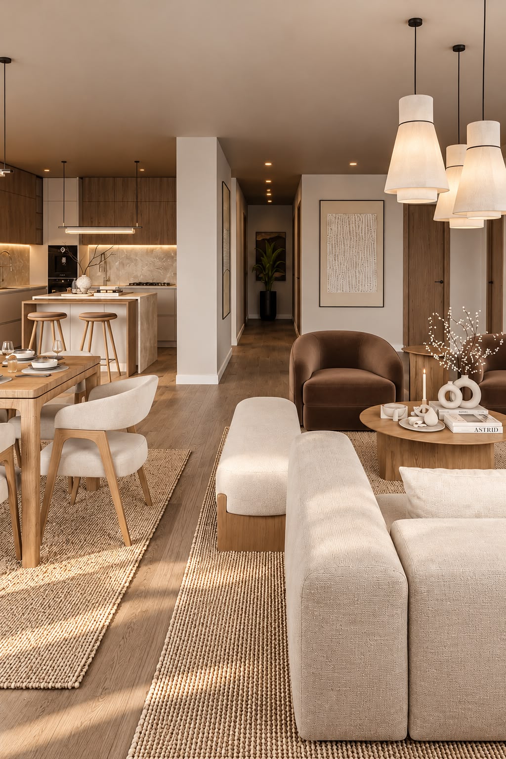Open-plan living and dining room under a warm oak ceiling in afternoon light, with a cream sectional and bench on a woven rug, a round oak coffee table with a sculptural vase and book, a deep brown velvet armchair under three tapered white pendants, a dining table with curved cream chairs, the kitchen with stone island and stools beyond and a corridor leading back to a dark-leaved plant and a textured-line artwork