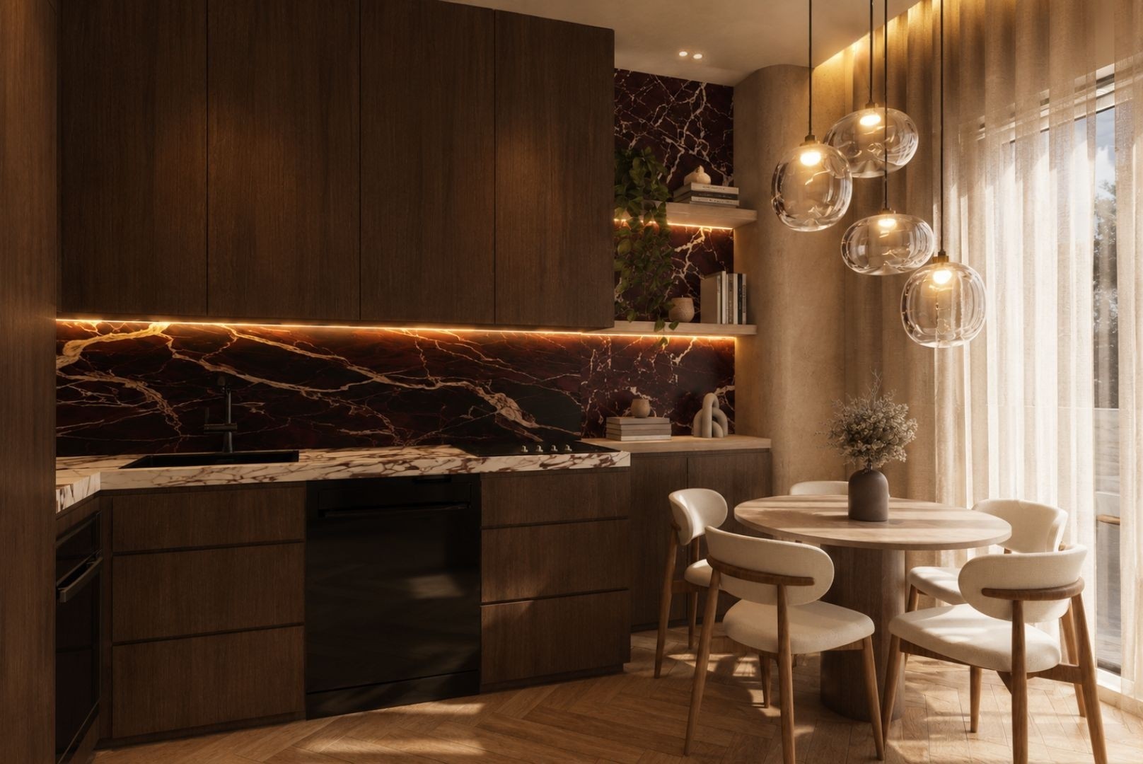 Kitchen with dark oak drawer banks, a lit oxblood marble splashback and pale marble worktop, black tapware, and a round oak table with bouclé chairs under clustered glass globe pendants