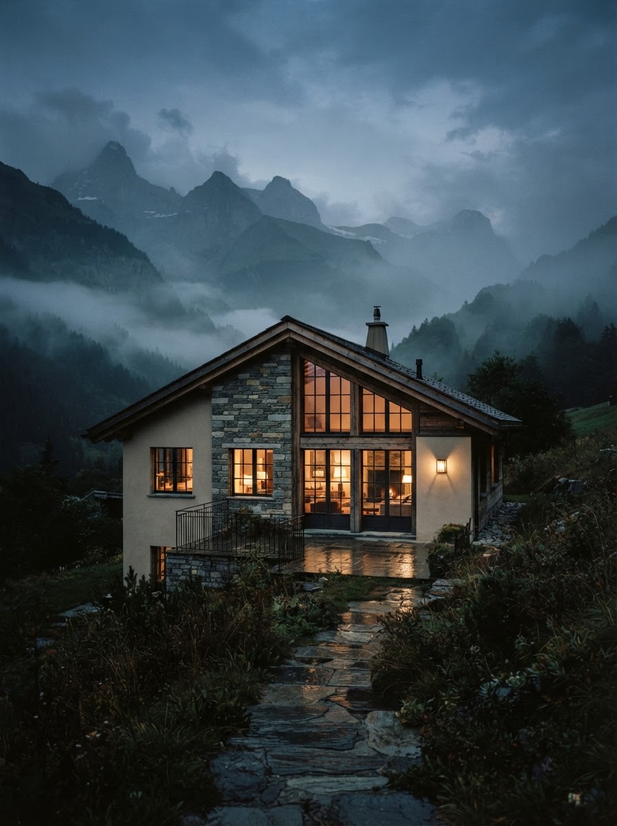 The facade of a quiet European-inspired residence at dusk, its clean stone volumes glowing with warm interior light