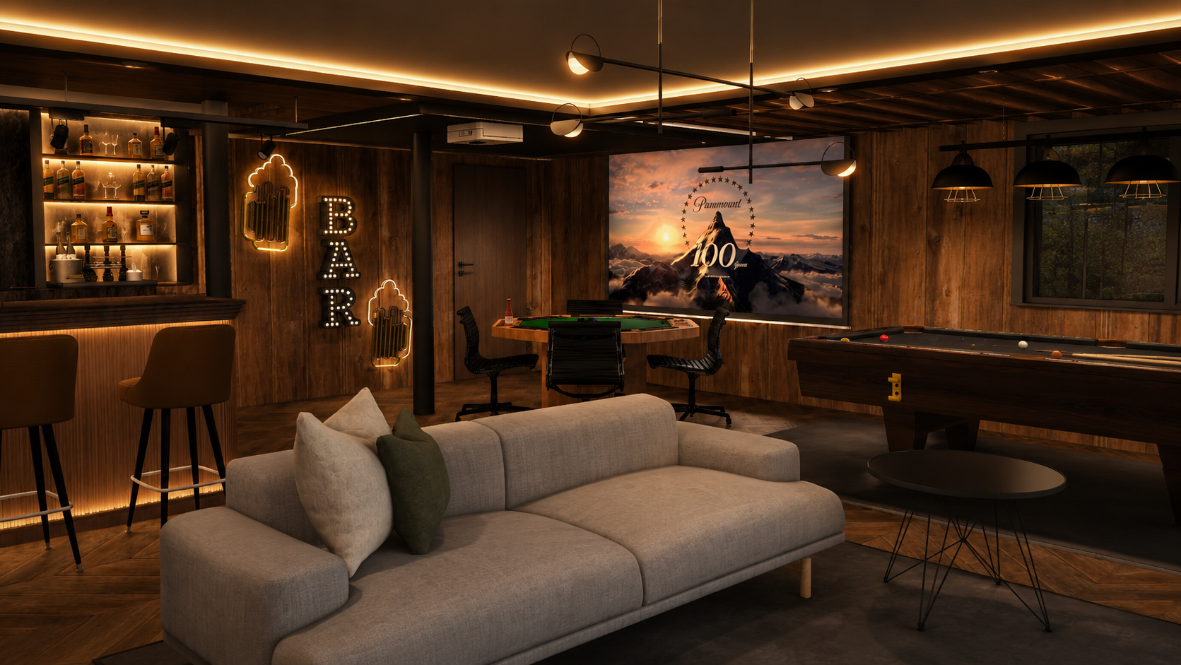Basement cinema and poker room with a projection screen, green felt poker table, neon bar signage, timber-panelled walls, linear cove lighting and a pale grey sofa