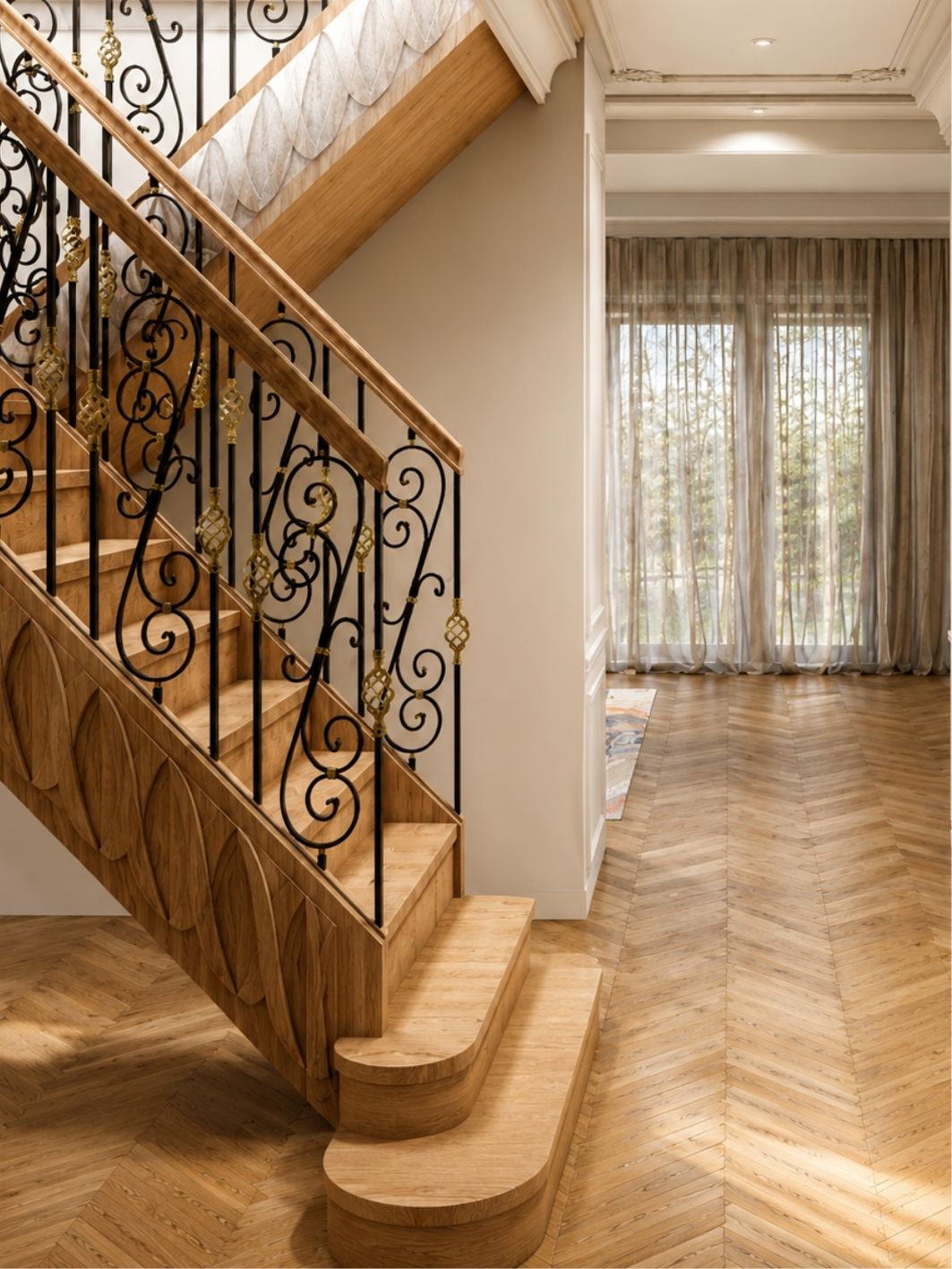 Oak staircase with carved leaf-motif stringer panels and a scrolled black and brass ironwork balustrade, opening onto a room with sheer full-height curtains and herringbone oak flooring