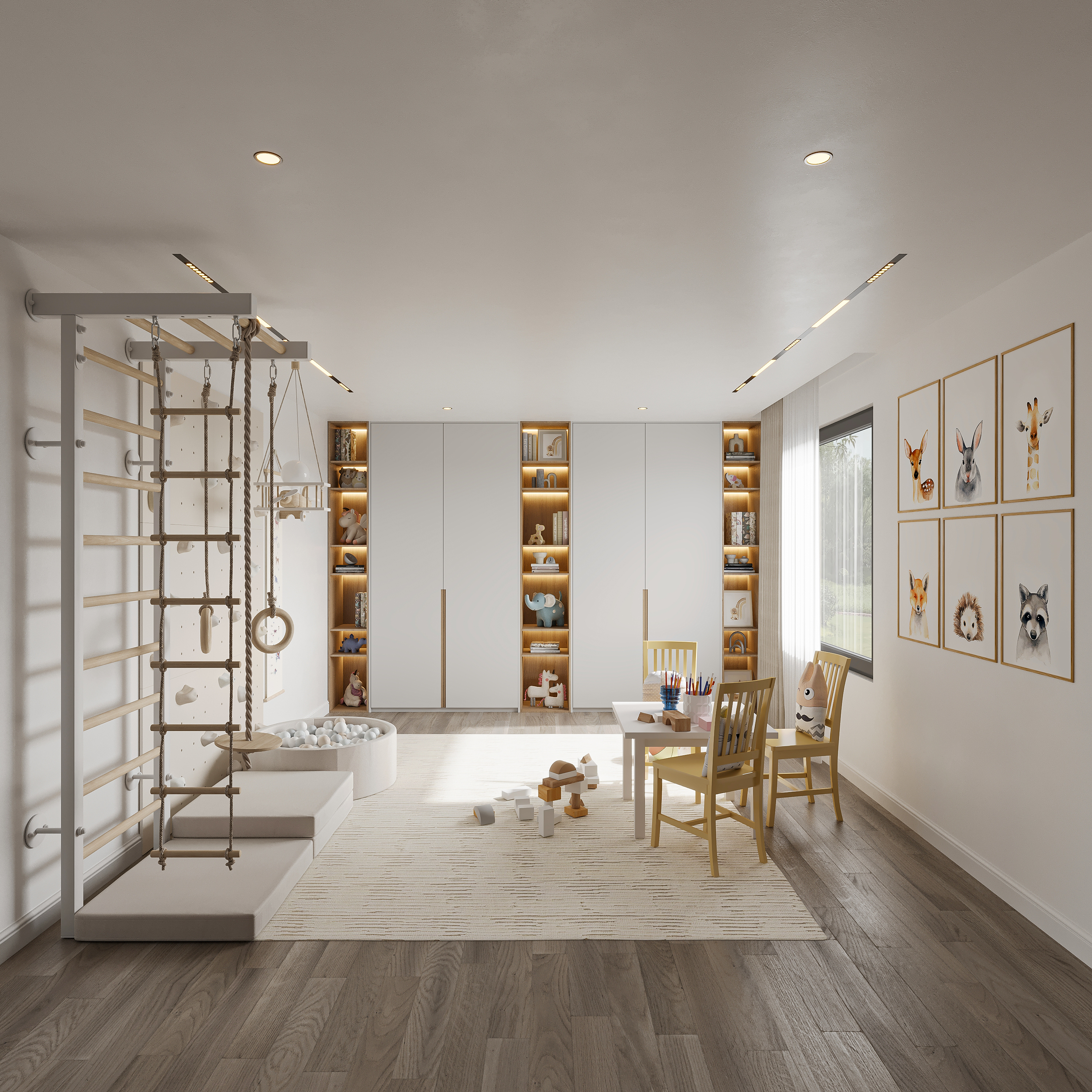 Children's playroom with a timber climbing frame, rope ladder and rings, a soft ball pit, LED-lit white and oak bookshelves, framed animal prints and a low table with yellow chairs