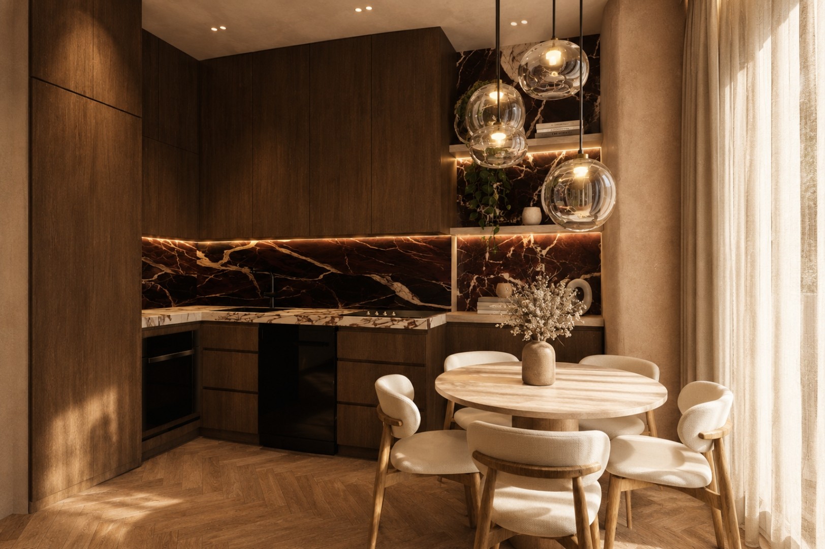 Kitchen corner with dark oak cabinetry, oxblood marble splashback and LED-lit shelving, a round oak table with bouclé chairs and four glass globe pendants beside curtained glazing