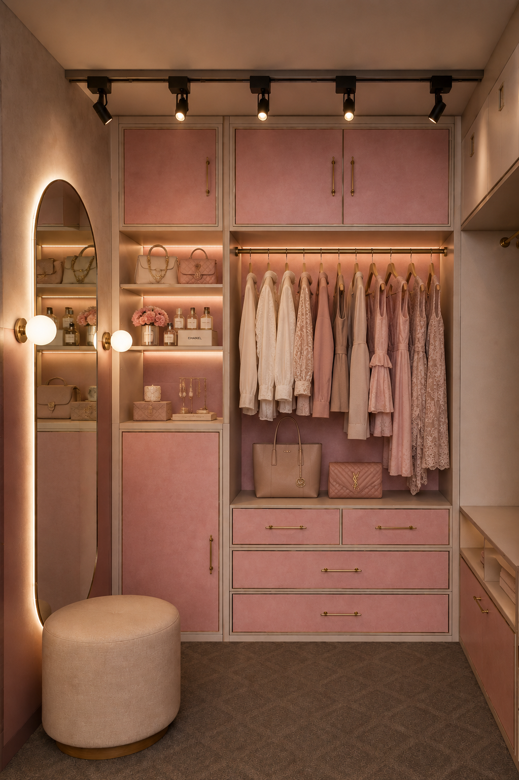Girl's dressing room with blush suede-fronted joinery and brass pulls, LED-lit hanging rail and display shelving, an arched backlit mirror with globe sconces and a cream boucle stool