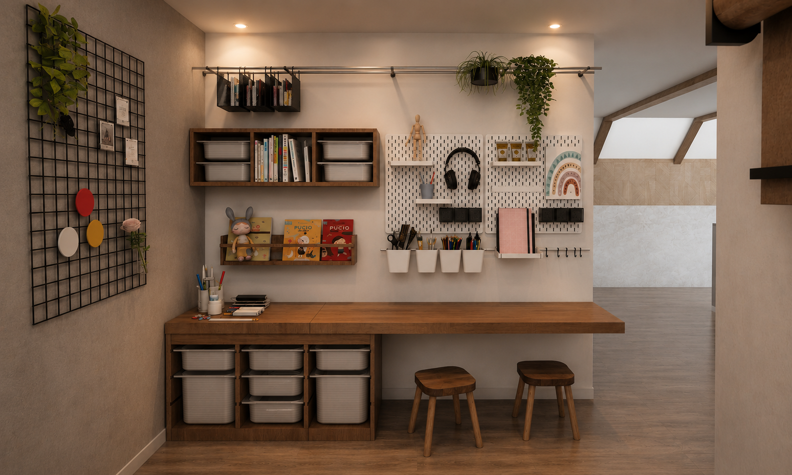 Attic craft desk in walnut with clear storage bins below, timber stools, white pegboard panels with cups and trays, wall shelves of books and hanging plants on a rail