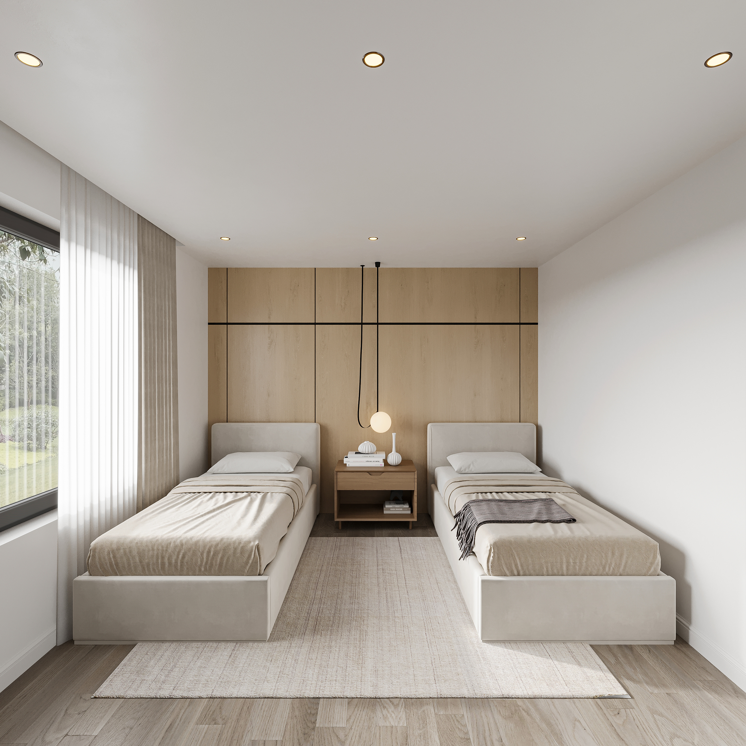 Twin bedroom with an oak panelled headboard wall in slim black reveals, cream upholstered beds, a shared oak nightstand with a hanging globe pendant and sheer curtains onto the lawn
