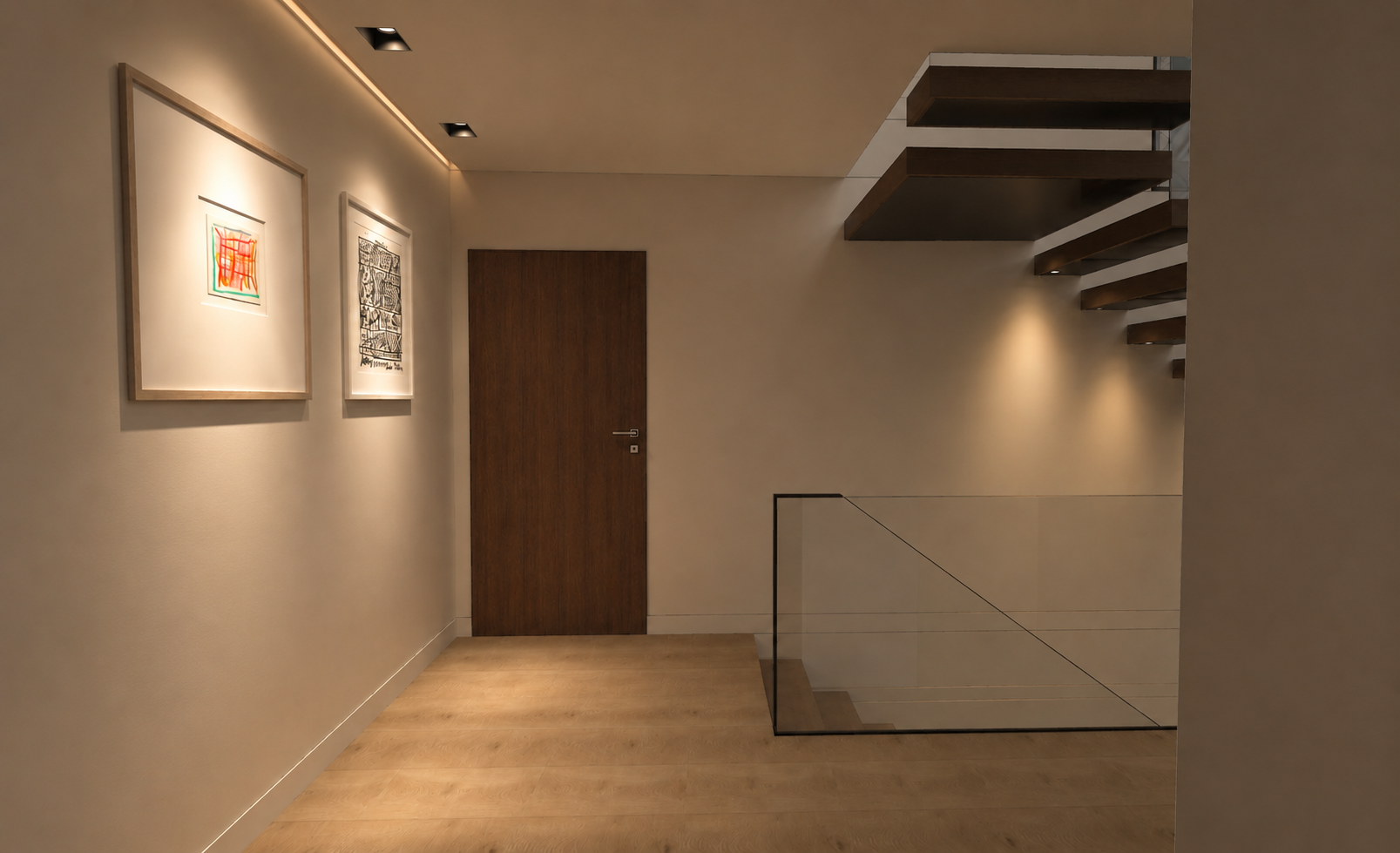Cantilevered oak staircase with concealed LED strips beneath each tread, a frameless glass balustrade, framed artworks on warm plaster walls and a walnut door on the landing beyond