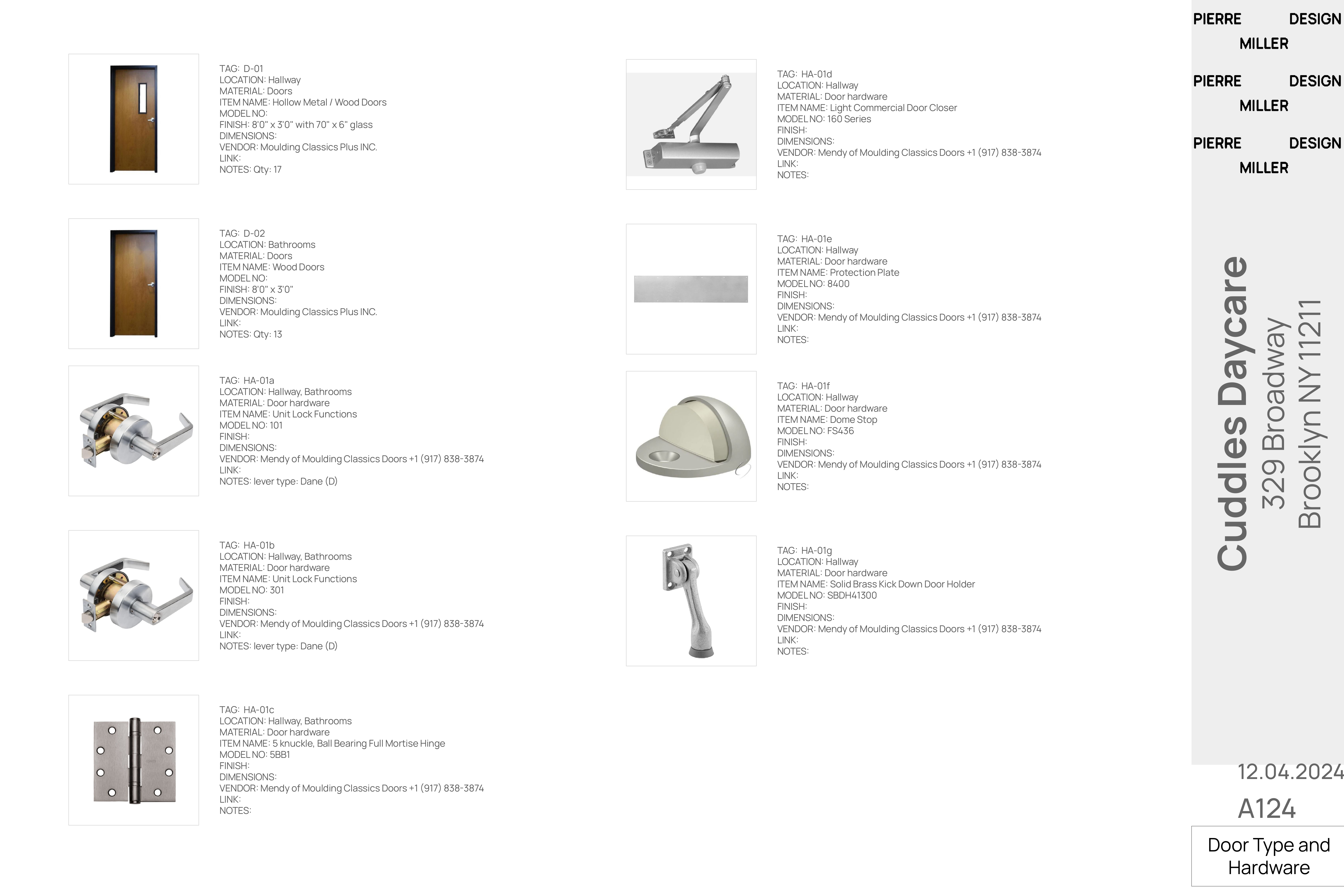 Drawing A124 — door type and hardware schedule with photographs and specifications for hollow metal and wood doors, lever lock sets, ball bearing hinges, door closer, protection plate, dome stop and brass kick-down holder