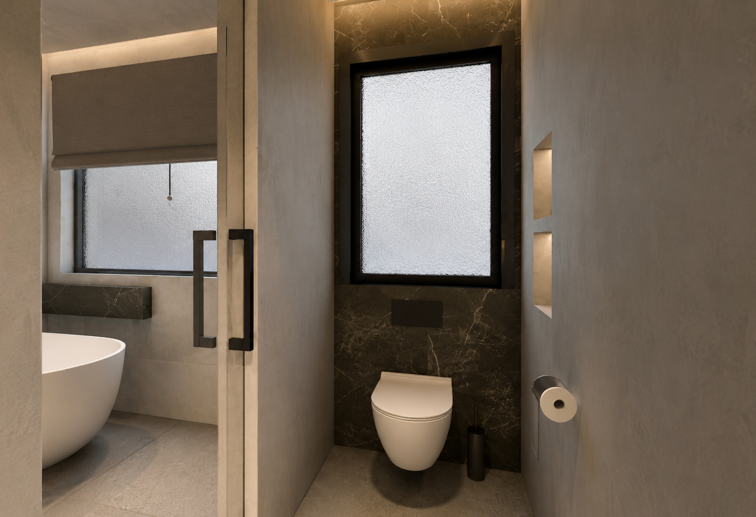 Separate WC beside the primary bathroom, in micro-cement with a dark marble dado, wall-hung pan, concealed flush plate, backlit niches, chrome paper holder and a black-framed reeded glass window