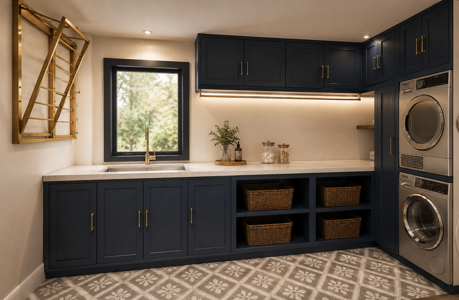 Wide utility room view with wrap-around navy shaker cabinetry and brass pulls, a brass wall-mounted drying rack, black-framed window over a brass tap and sink, wicker baskets in open shelving and stacked machines on patterned floral tiles