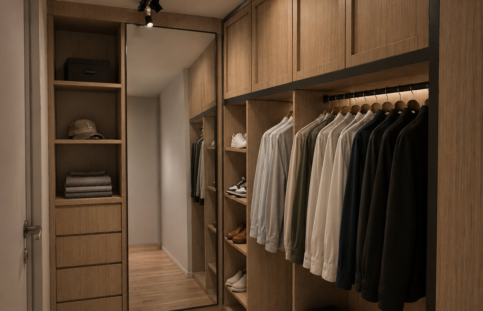 Attic walk-in wardrobe in pale oak with an LED-lit hanging rail of shirts, open shoe shelving, drawer banks and a full-height black-framed mirror beside the door