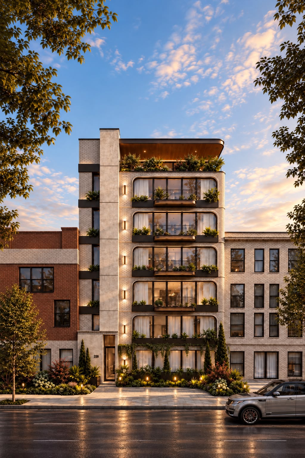 Vertical dusk rendering of a multi-storey apartment building with a central light-grey stone pillar flanked by white brick façades, five levels of recessed balconies with rounded corners and integrated planters, warm interior glow behind floor-to-ceiling windows, a glass street-level doorway with the number 226, heavy landscaping of low bushes and small trees, framed by neighbouring red and beige brick buildings and dark tree branches under a blue-to-gold sunset sky