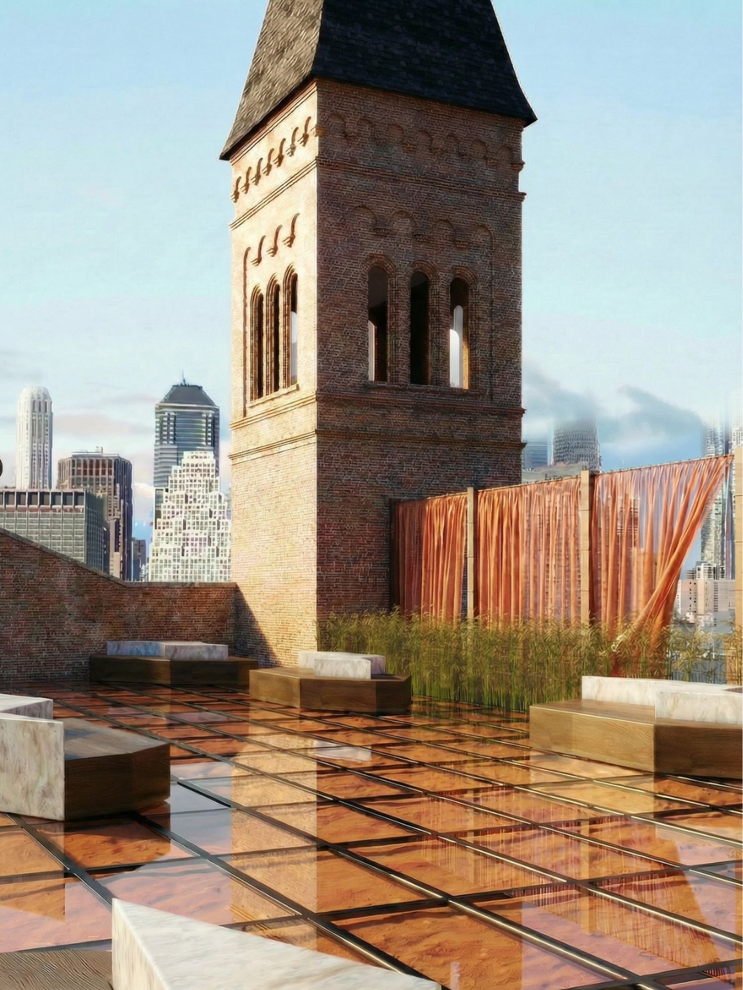 Late light on the brick bell tower above the amber resin terrace, with marble and timber benches, reeds along the parapet and a copper curtain screen open to the towers beyond