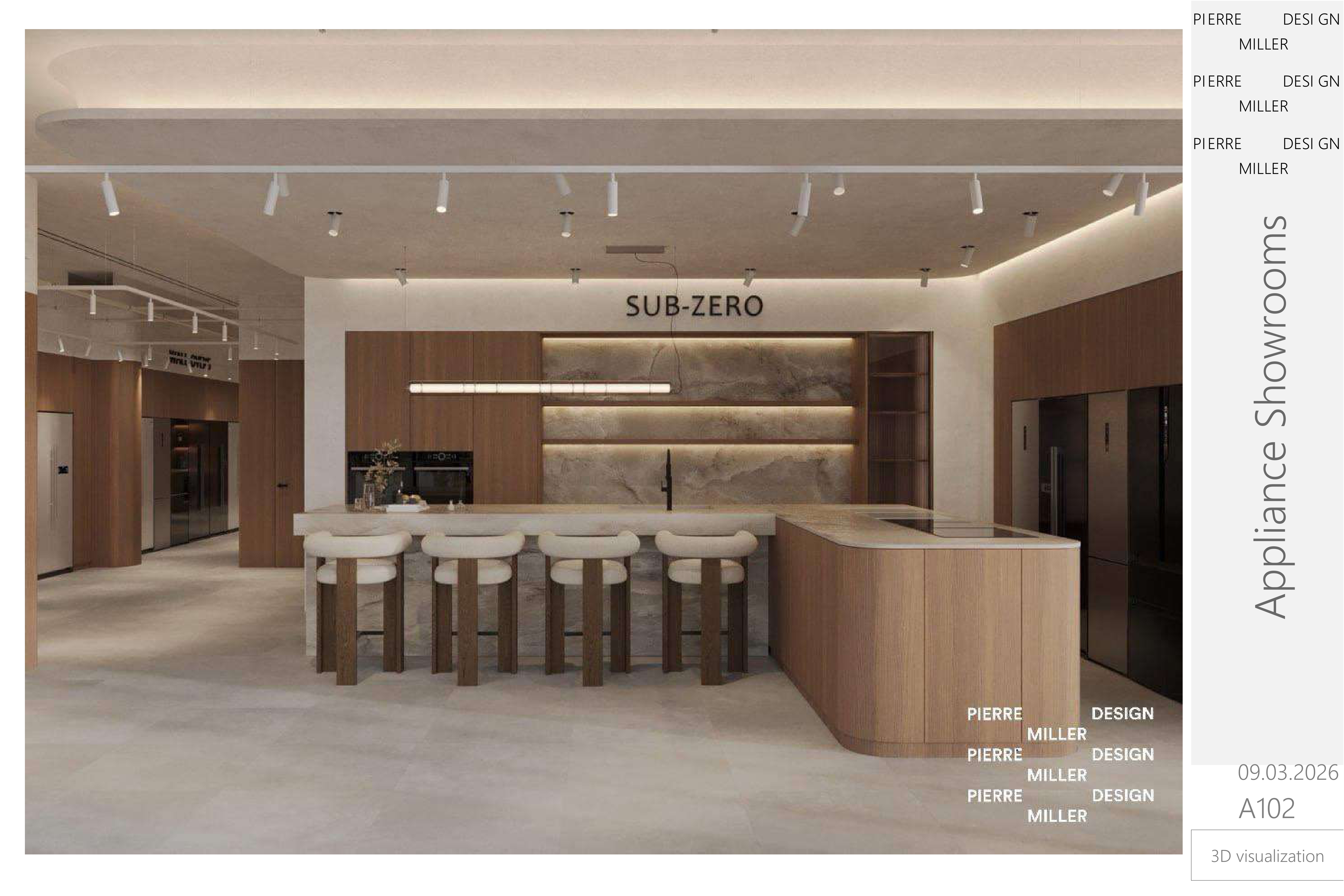 Wide Sub-Zero display bay with a curved oak island, book-matched stone backsplash with concealed lighting, a linear pendant and track-lit ceiling rafts