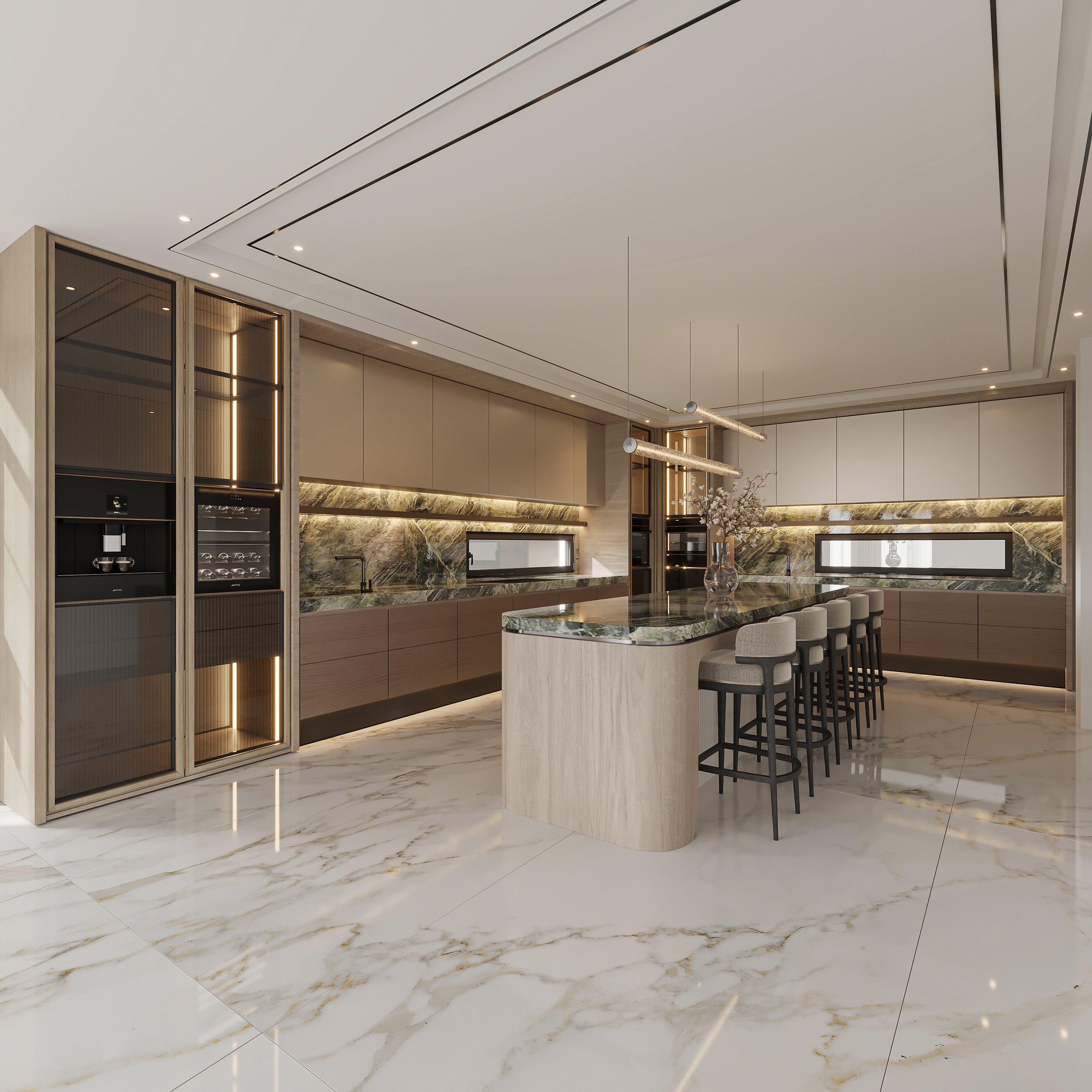 Kitchen on book-matched white and gold marble flooring with a curved travertine island and green marble top, upholstered bar stools, backlit green marble backsplash, glass-fronted coffee and wine joinery and a linear crystal pendant