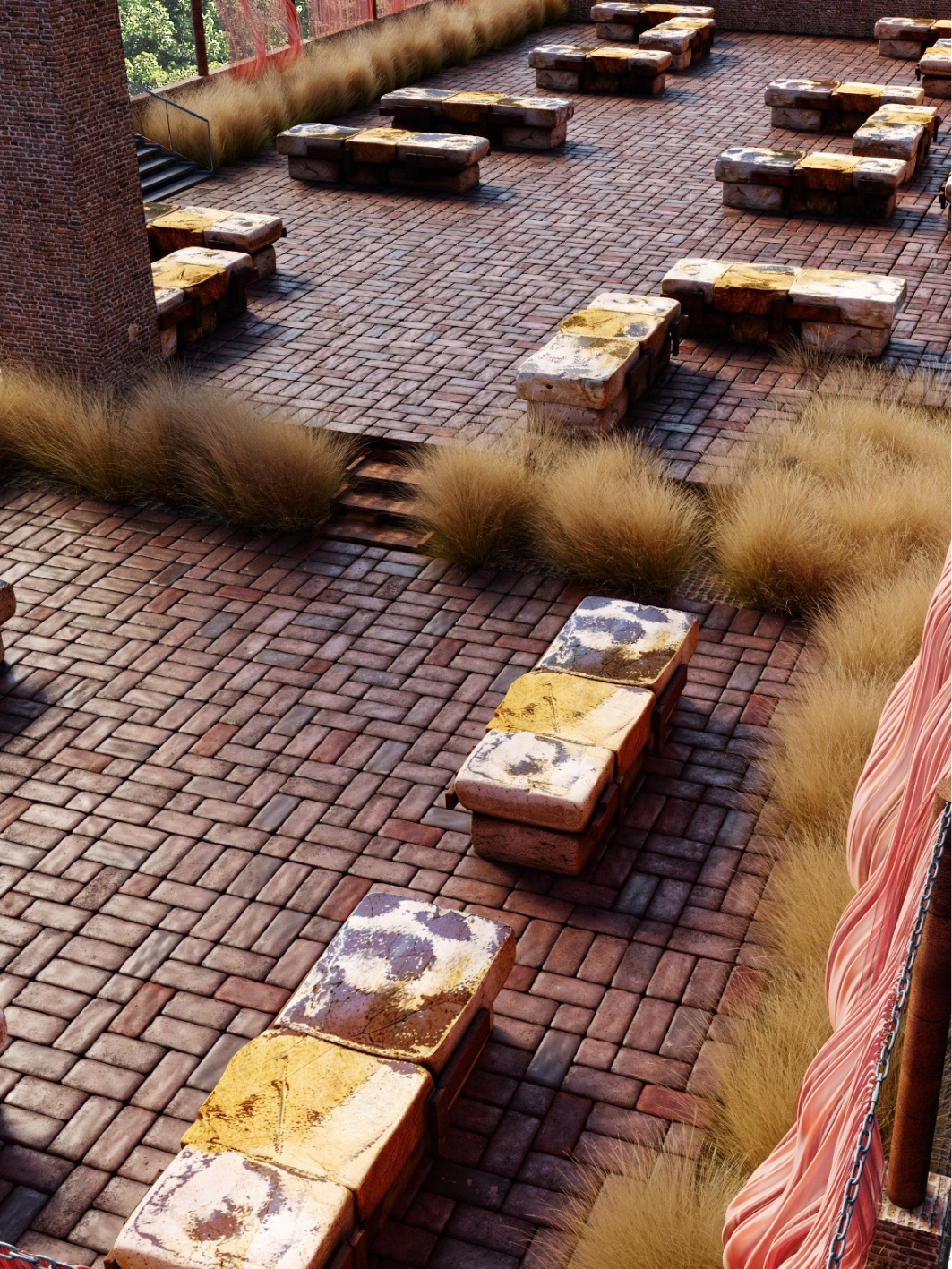 Looking down onto the herringbone brick terrace with rows of stone-topped benches, drifts of ornamental grasses and a coral curtain screen along the parapet