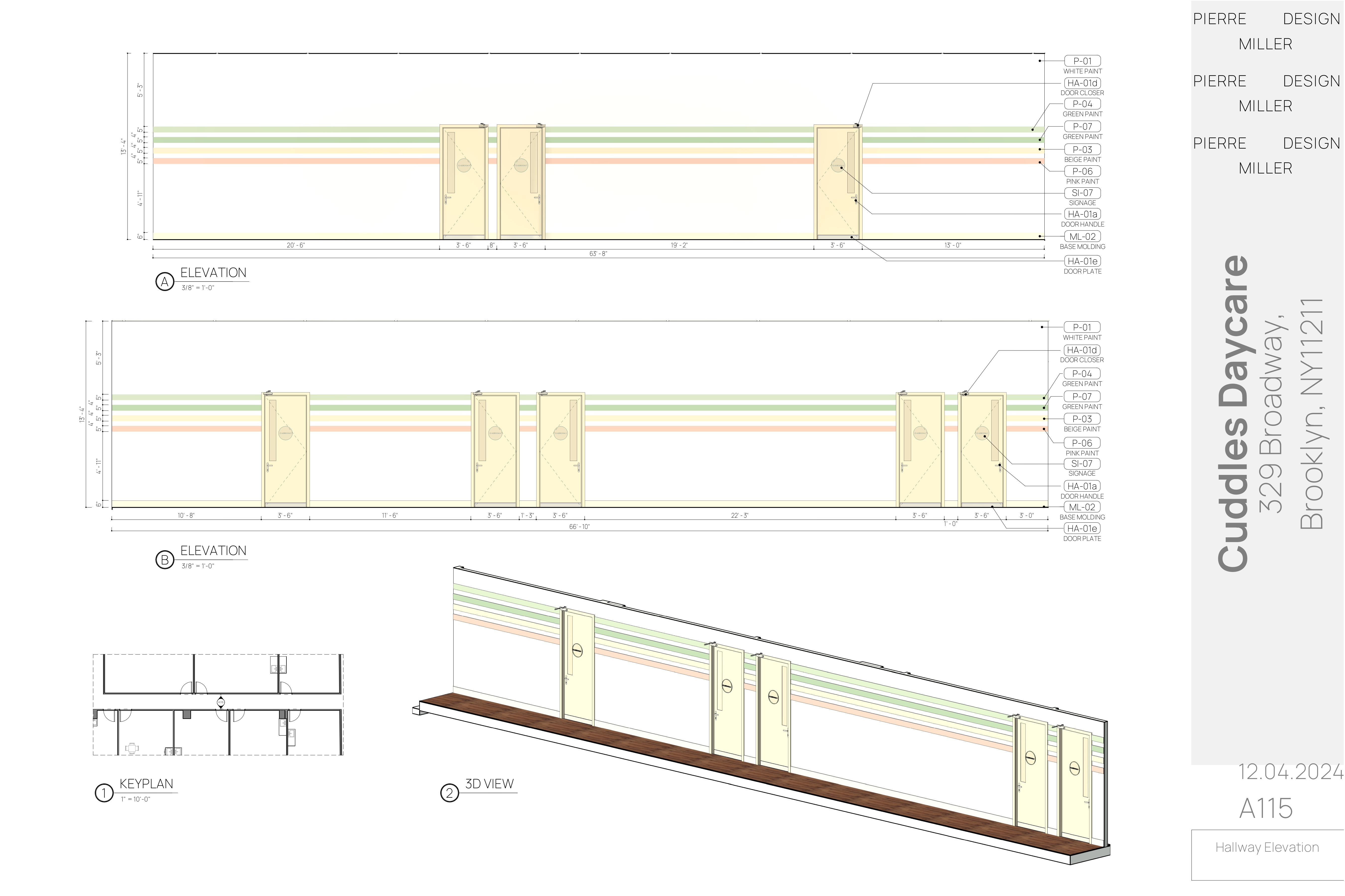 Drawing A115 — hallway elevations with a keyplan and 3D view, showing door runs with hardware and signage tags against green, beige and pink painted banding over base moulding
